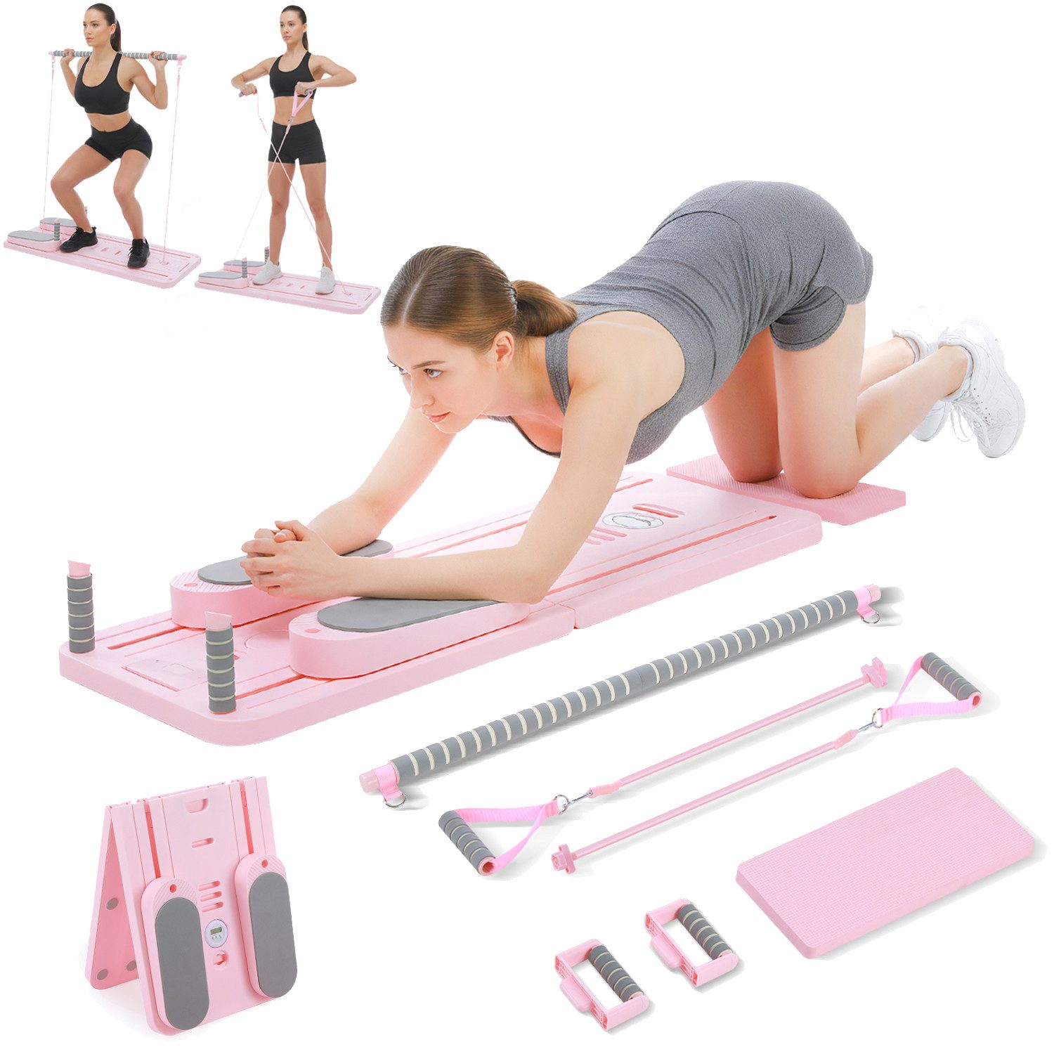 kehot Ganzkörpertrainer Faltbares Pilatesboard Multifunktionales Trainingsboard mit Zugstange, (Mehrere Trainingsfunktionen für Ganzkörperübungen zu Hause, 106×41 cm, 12-tlg., Inklusive Zugstange, Widerstandsbänder und Liegestützgriffe), Platzsparendes Klappdesign aus PP mit rutschfesten Polsterflächen