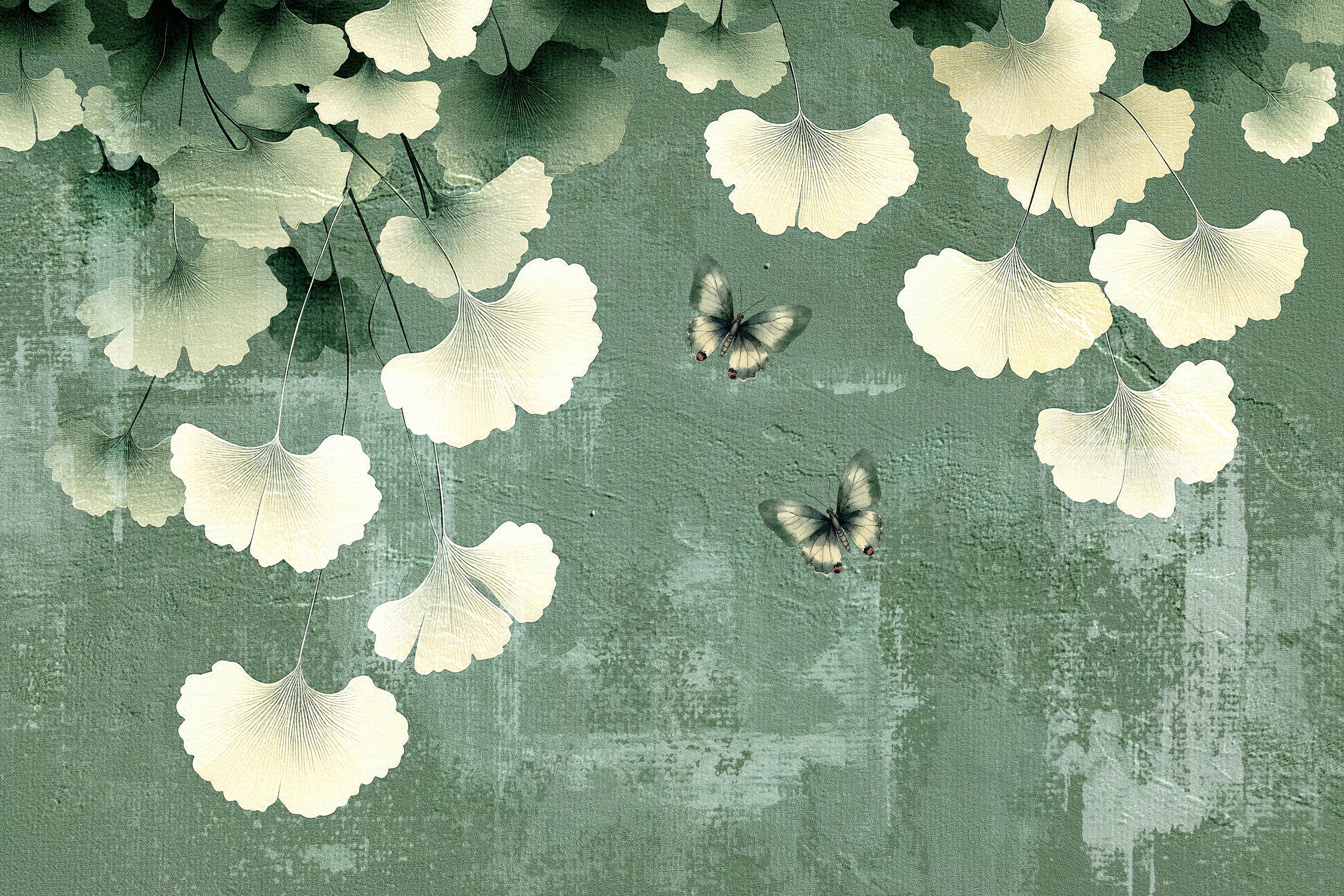 queence Leinwandbild Gingko mit Schmetterlingen, Canvas Bild von Hand bespannt, (1 St), Zeitlose Ginkgo-Motive in hellen Farben