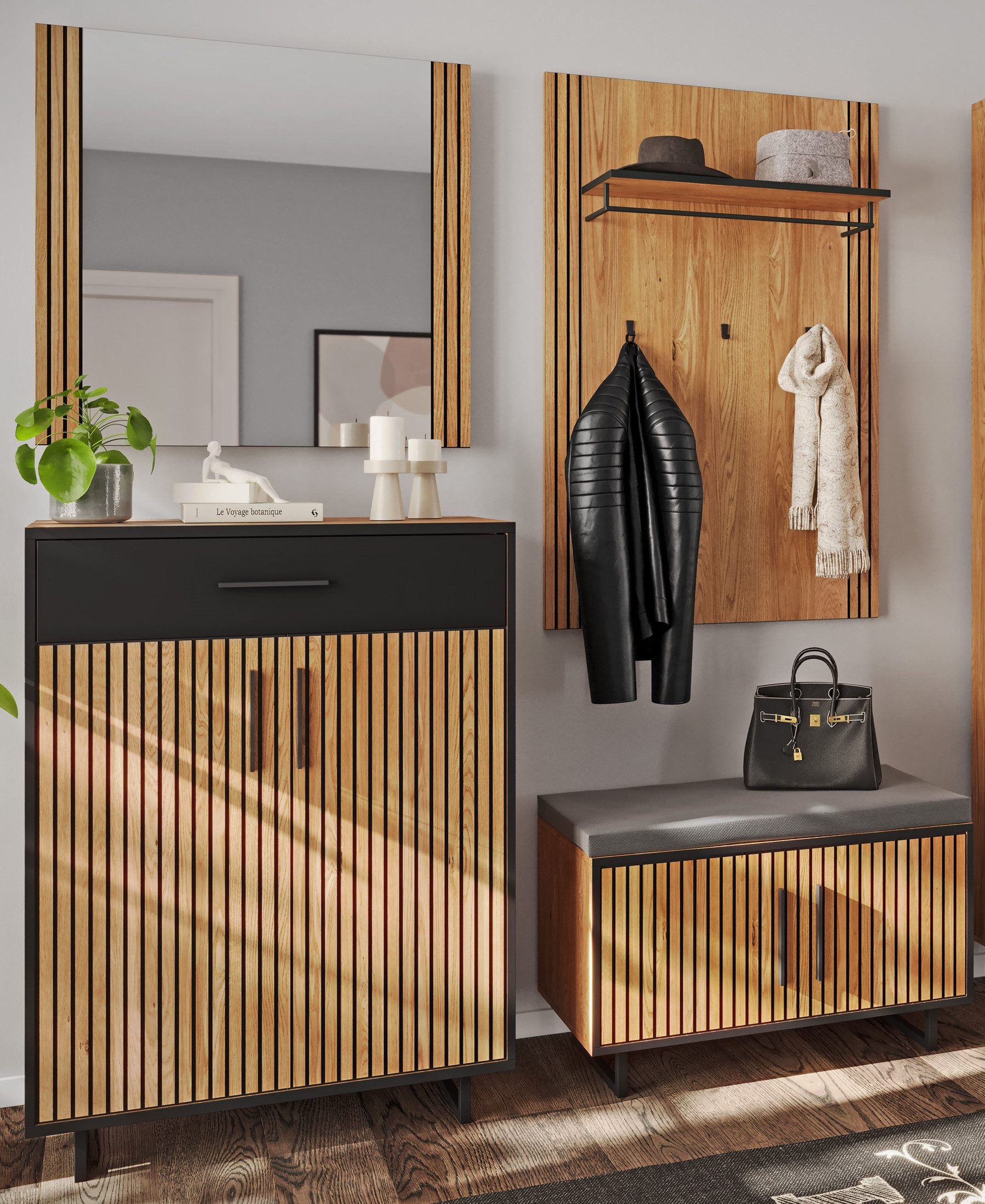 Lebenswert Garderoben-Set Eddie, (4-teilig), (4-teilig) in Eiche / schwarz - 165x197x40 (BxHxT)