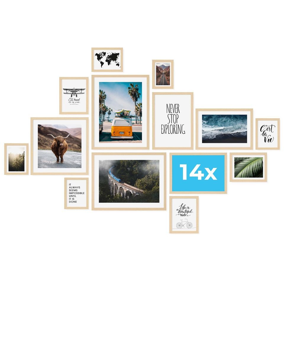 PHOTOLINI Bilderrahmen Sets in verschiedenen Formaten, MDF Holz, Acrylglas & Zubehör, für 14 Bilder (14er Set), Posterrahmen 14er Set No.1 zum Aufhängen oder Aufstellen