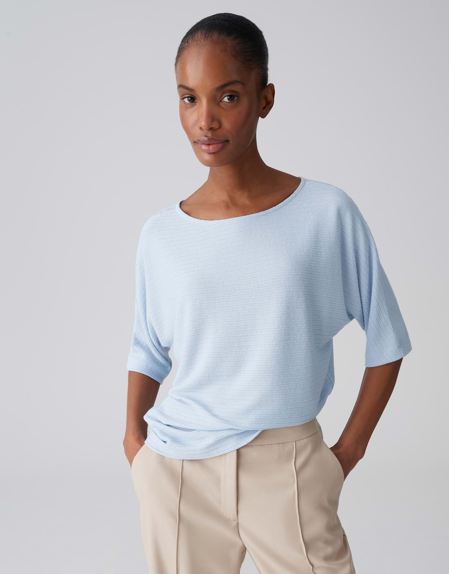 OPUS Kurzarmshirt Jerseyshirt mit dezenter Rippstruktur Lockerer Schnitt, weicher Fall, Pull-on