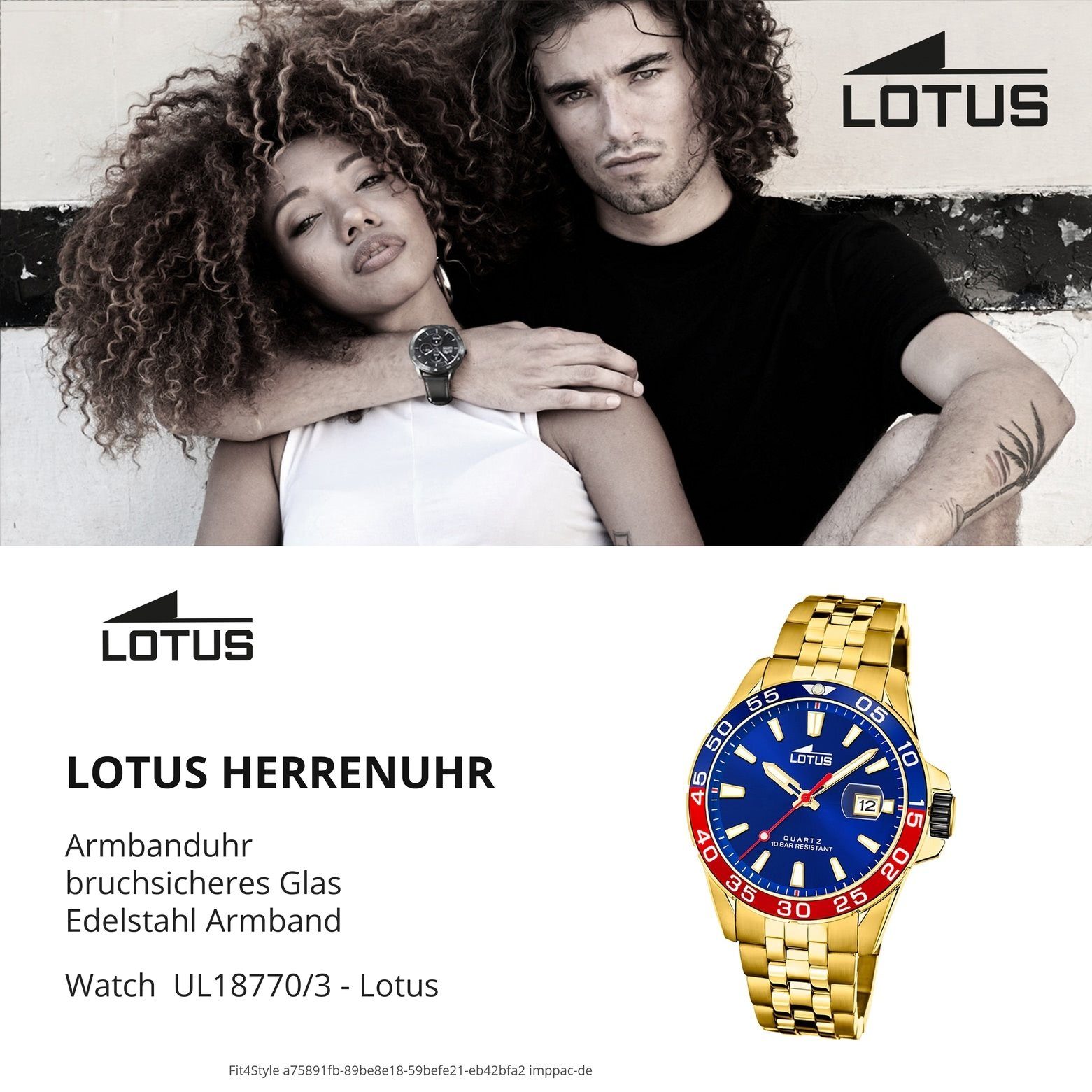 Armbanduhr rund, Edelstahlarmband 18770/3, Sport Herrenuhr Quarzuhr Lotus (ca. Herren groß Lotus 44mm) gold