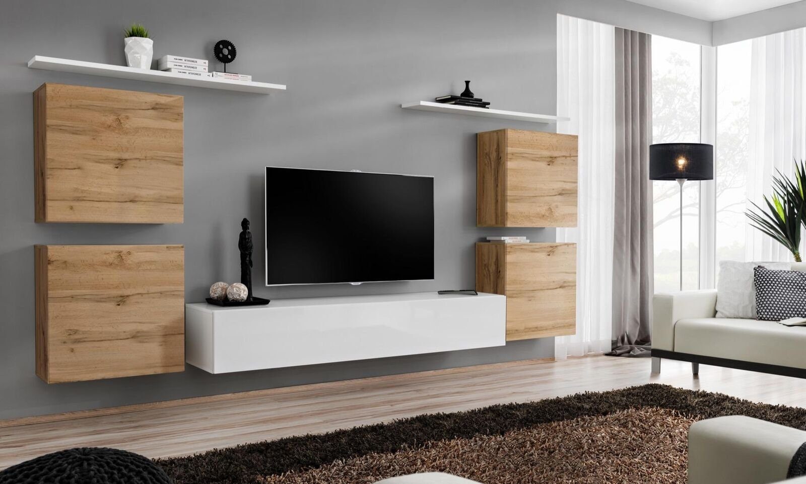 JVmoebel Wohnzimmer-Set Luxus Wohnzimmer rtv Wohnwand Wandschrank Regal tv Holz, (8-St., 1x Wohnwand + 1x TV Ständer + 4x Wandschrank + 2x Wandregal), Made in Europa