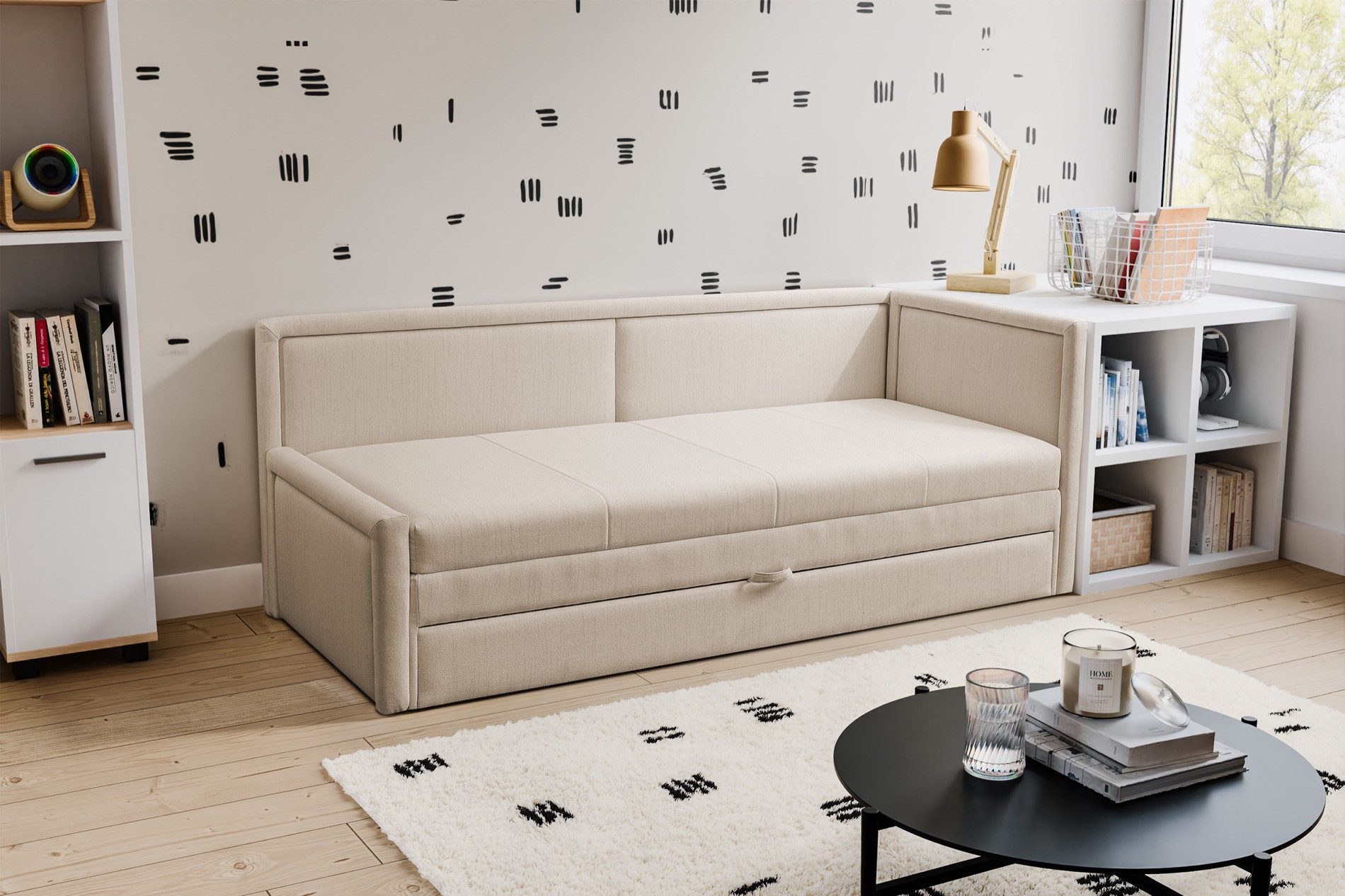 Selsey Jugendbett CAPRILI, Gepolstertes Jugendbett mit Ausziehfunktion, Matratze und Bettkasten