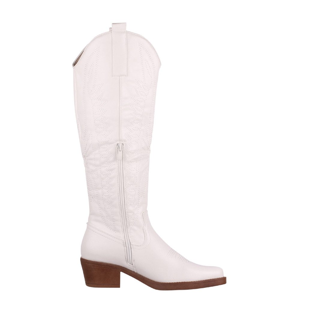 Elara Damen Westernstiefel kniehoch mit Stickerei und Blockabsatz Cowboystiefel