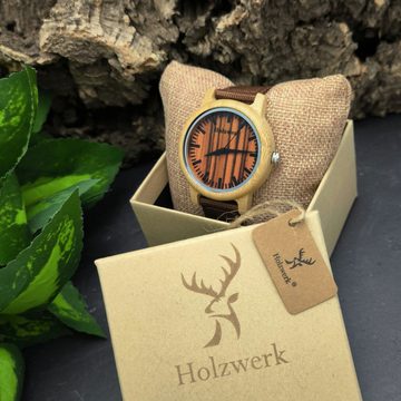 Holzwerk Quarzuhr WEIMAR Damen und Herren Textil & Holz Armband Uhr, braun, beige