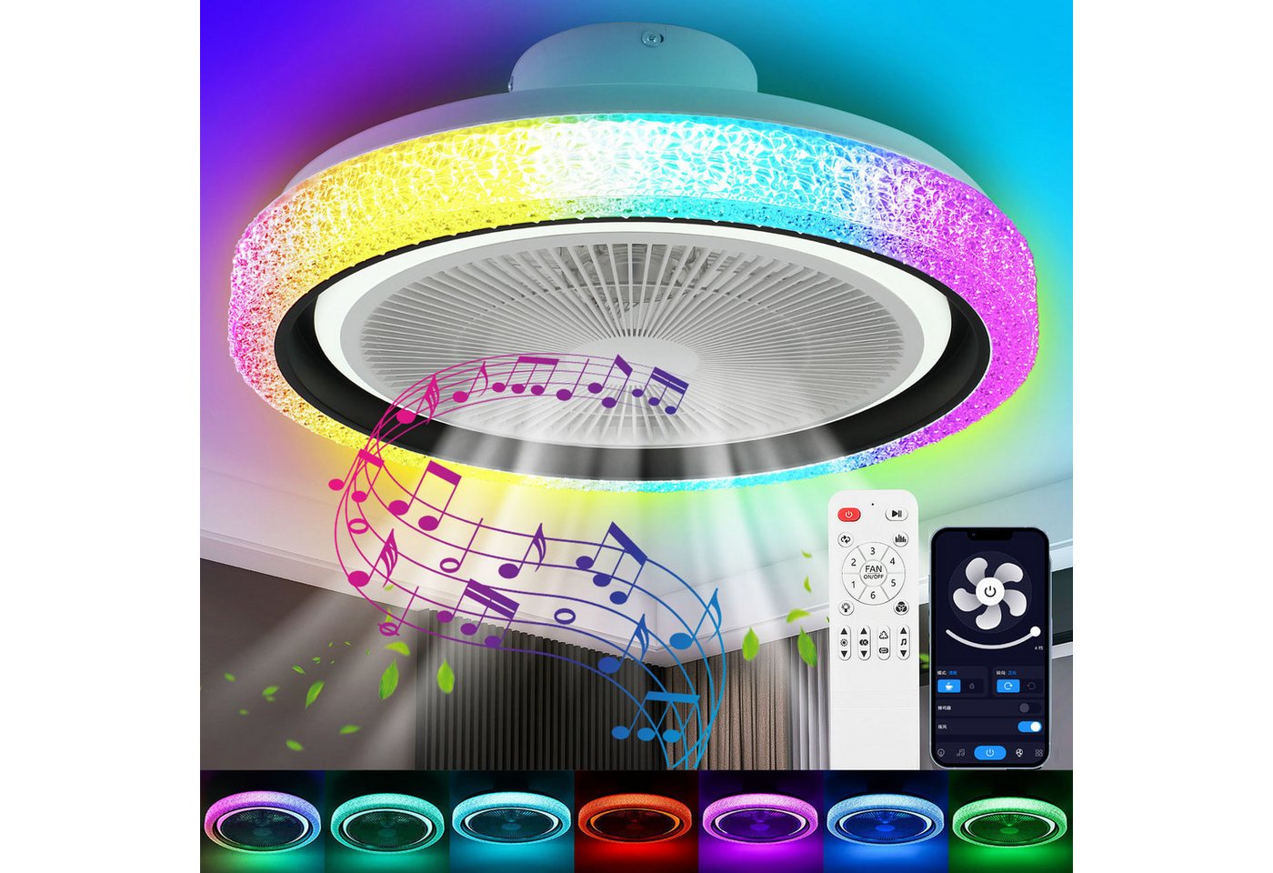 oyajia Deckenleuchte 50W RGB LED Deckenleuchte mit Bluetooth Lautsprecher, Deckenventilator, Luftzirkulationsfunktion, LED fest integriert, RGB Farbwechsel (3000~6500K), Dimmbar LED Deckenventilator Leuchte,für Schlafzimmer Küche Hotel