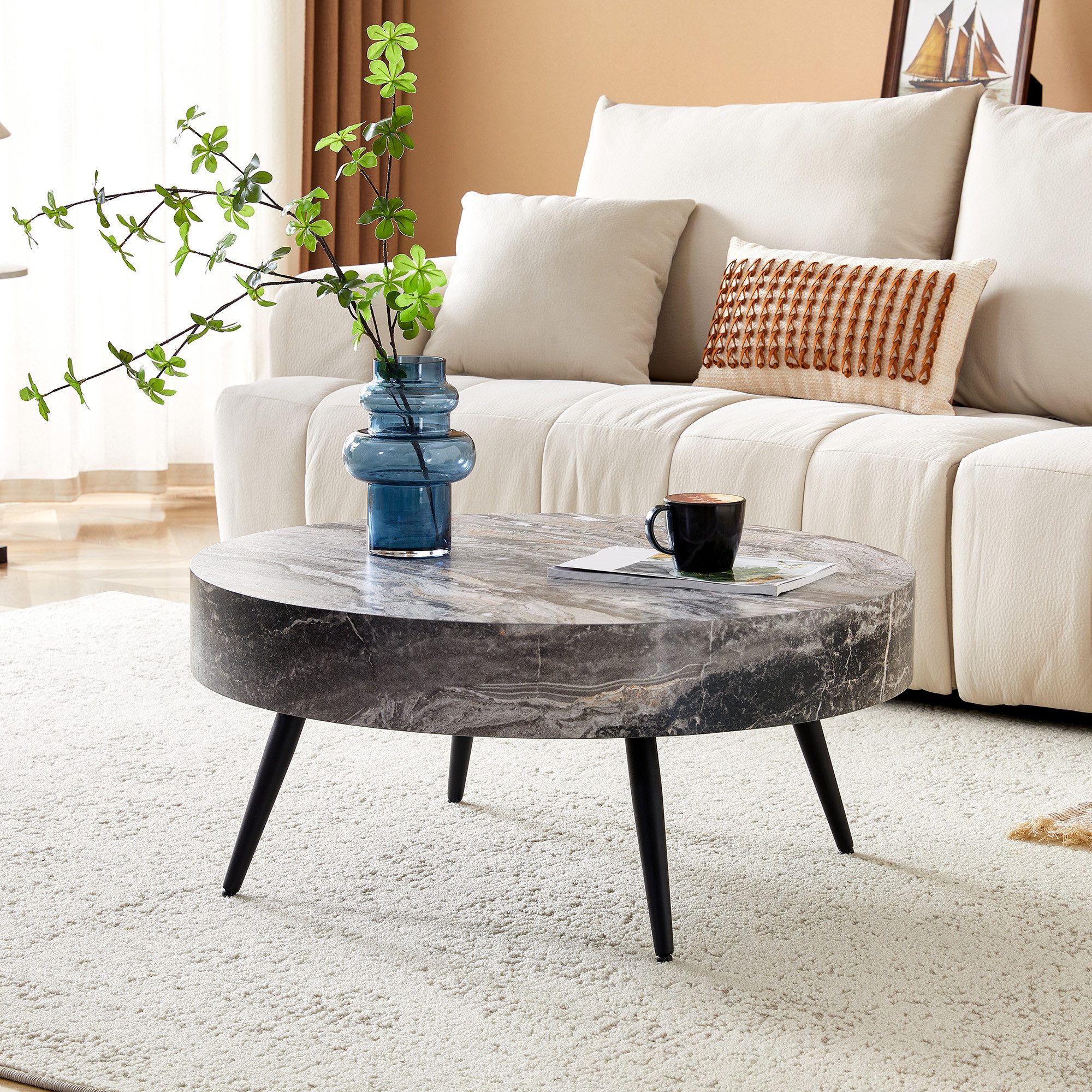 Odikalo Couchtisch Beistelltisch Kaffeetisch couchtisch rund (Runder Kaffeetisch mit 70 cm Durchmesser in grauer Marmoroptik (MDF) & schwarzen Metallbeinen. Minimalistisches Design, ideal für Wohnzimmer und kleine Räume)
