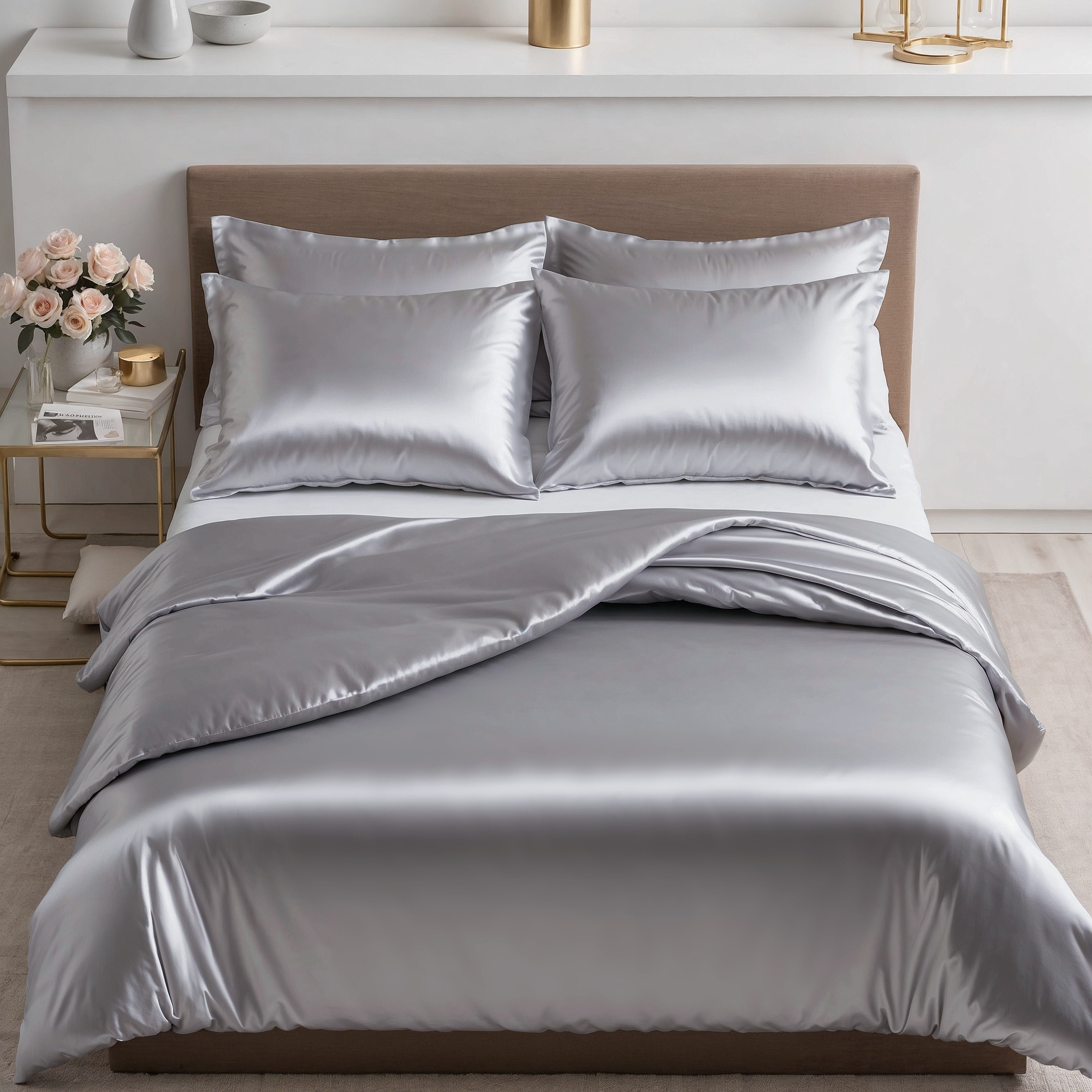 Cozyor Bettwäsche Satin glänzend 135x200, 155x200, 155x220, 200x200cm mit Reißverschluss, Satin, hellgrau Moonlight, 3 teilig, Edel und hochwertig