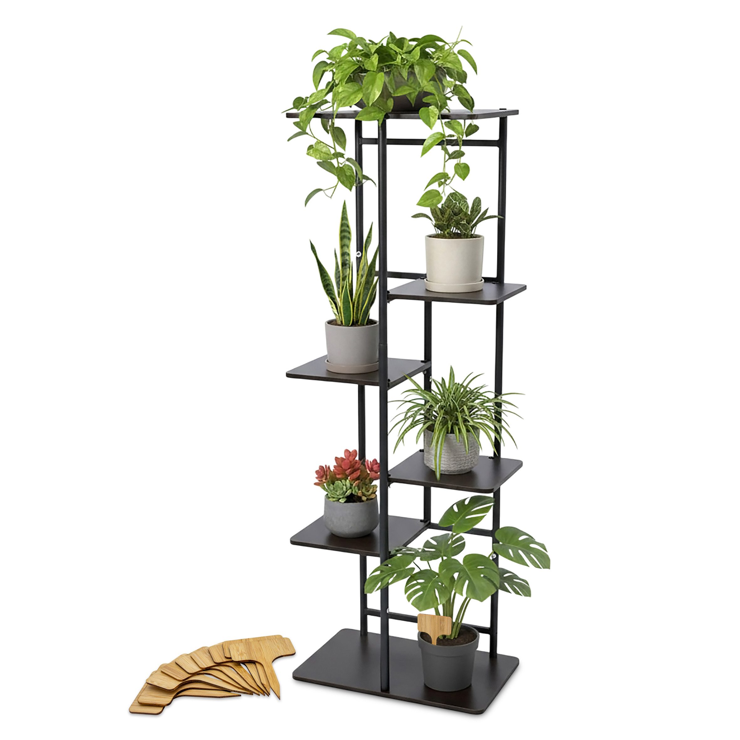 Regal Metall Pflanzenständer schwarz mit 5 Ebenen aus Holz - 106 x 35 cm