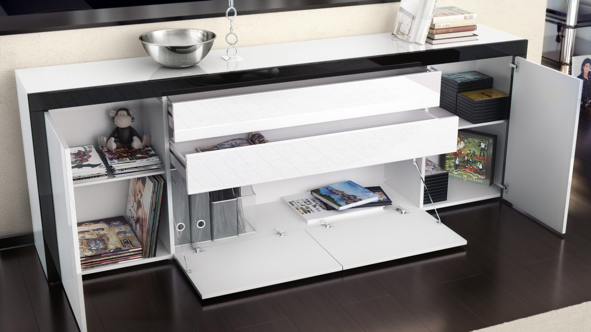 Vladon Sideboard La Paz V2 (Kommode, mit 2 Türen, 2 Schubkästen und 2 Klappen), Brombeer Hochglanz/Weiß Hochglanz (200 x 72 x 35 cm)