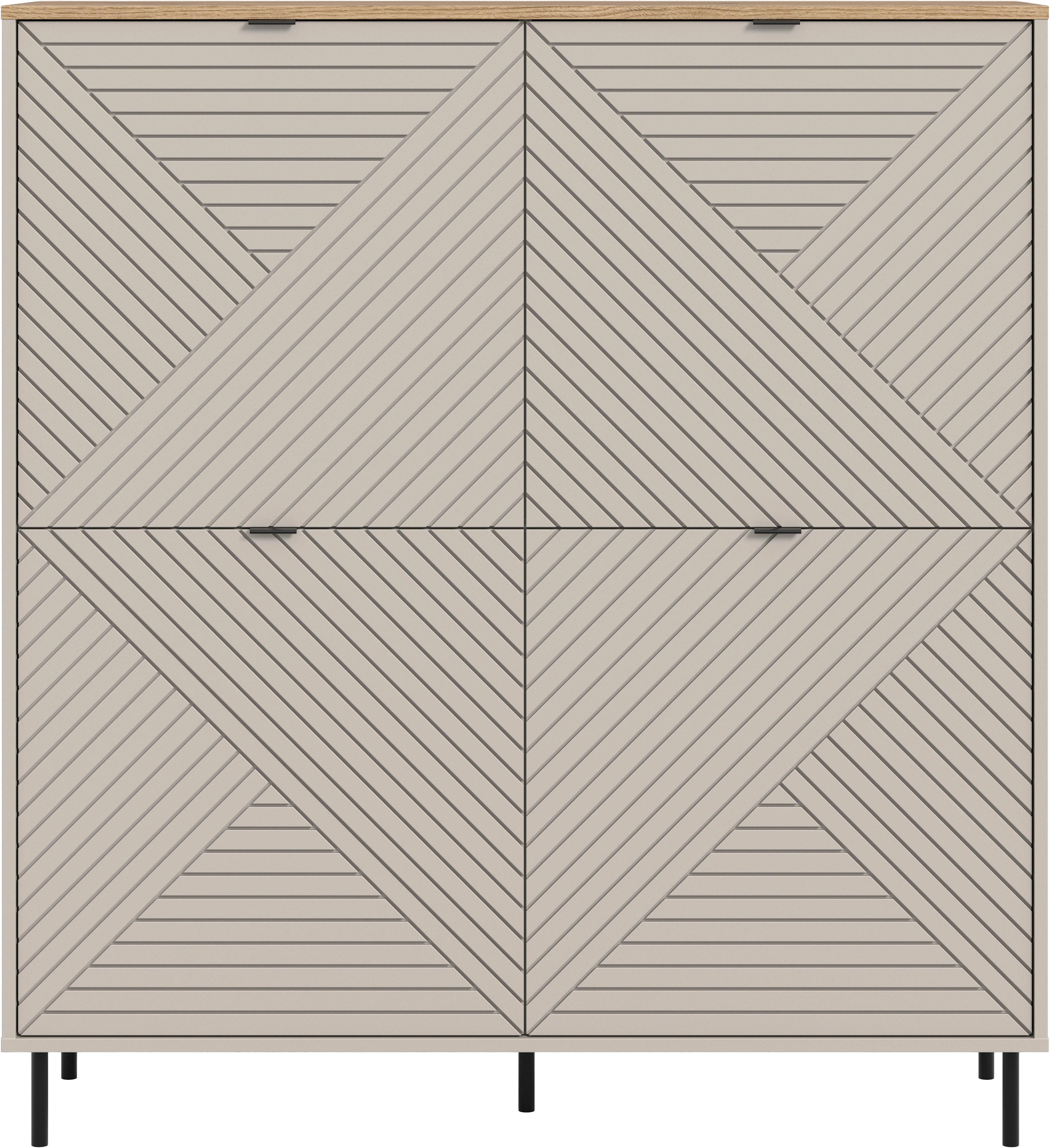 Home affaire Highboard RAITA, Höhe 135 cm, Front mit Desgin-Fräsung, 4 Türen, viel Stauraum (moderne Farbkombi, individuell einsetzbar, Griffe & Füße aus Metall), Kommode, Anrichte, Schrank, Sideboard, Lowboard