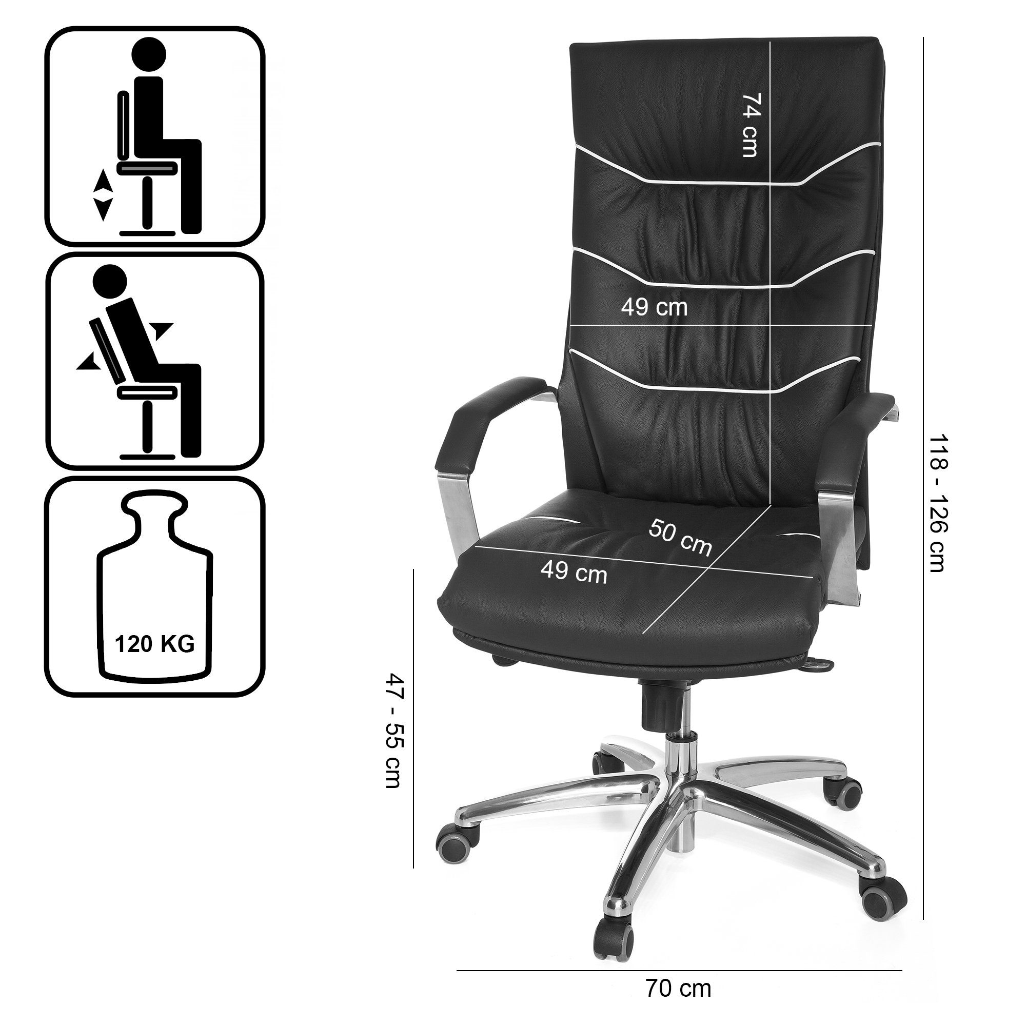 Amstyle Chefsessel XXL Echtleder schwarz Bürostuhl Drehstuhl (Echtleder schwarz bis 120 kg, Bürostuhl X-XL), Schreibtischstuhl Drehbar, Drehstuhl mit Armlehne