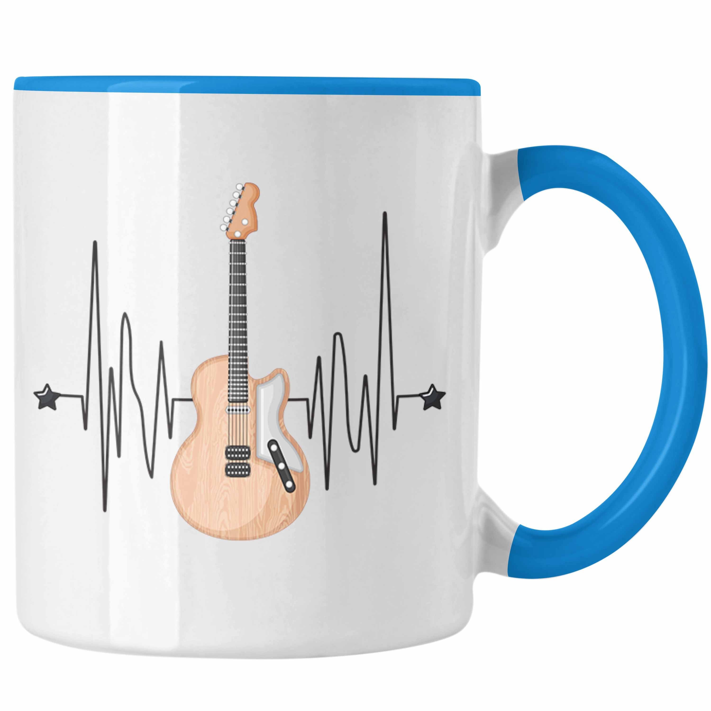 Trendation Tasse Herzschlag Tasse Geschenk Gitarre Geschenkidee für Gitarrenspieler Kaf Blau