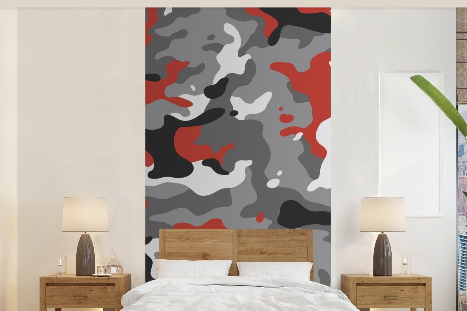 MuchoWow Fototapete Camouflage-Muster mit roten Akzenten, Matt, bedruckt, (2 St), Vliestapete für Wohnzimmer Schlafzimmer Küche, Fototapete