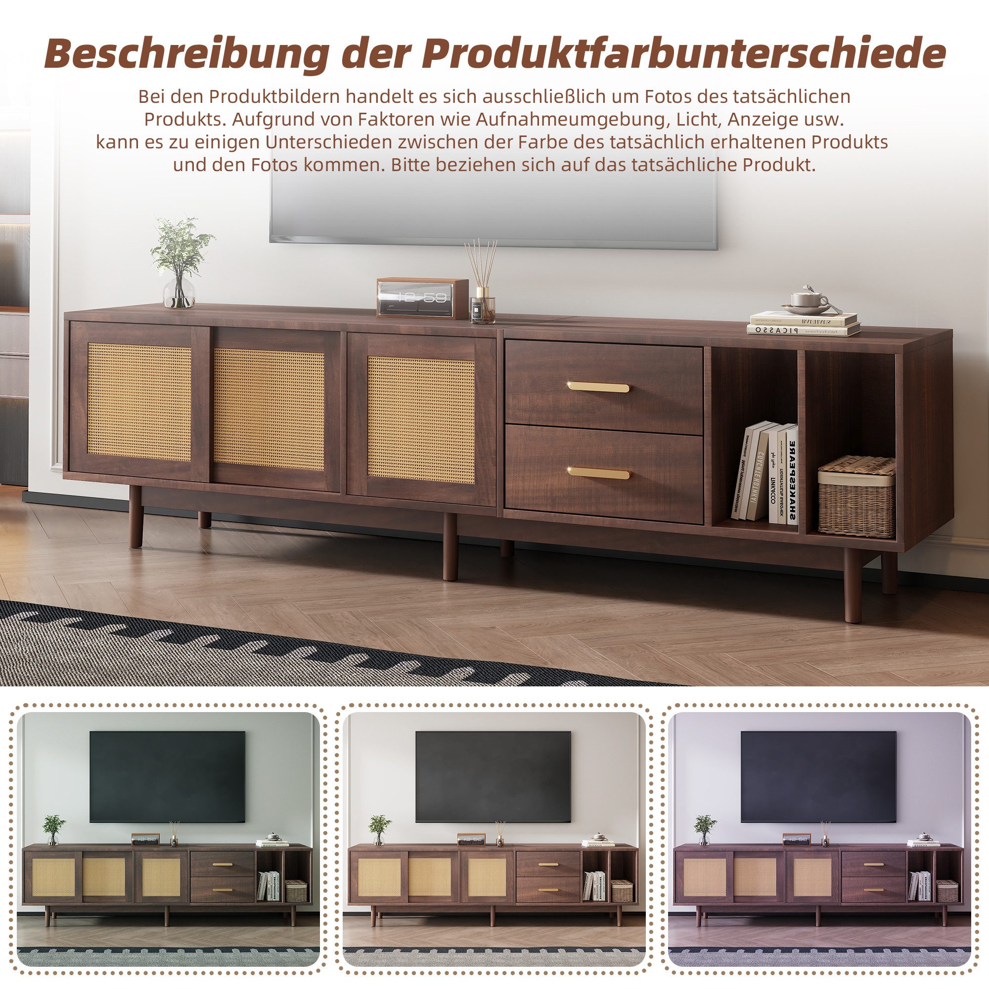 Merax Lowboard Rattan Fernsehtisch (1 St), TV-Schrank mit Rattan-Schiebetüren,Schubladen & 6 Holzbeinen,B:190cm – Bild 5 von 5