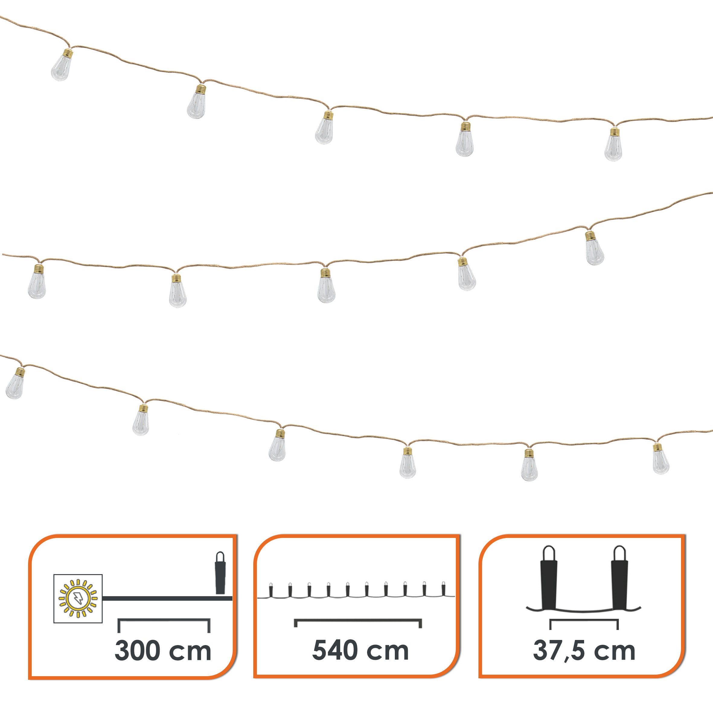 Spetebo Lichterkette Vintage LED Solar Lichterkette, 16-flammig, Garten Deko Beleuchtung mit transparenten Lampen an Naturkordel