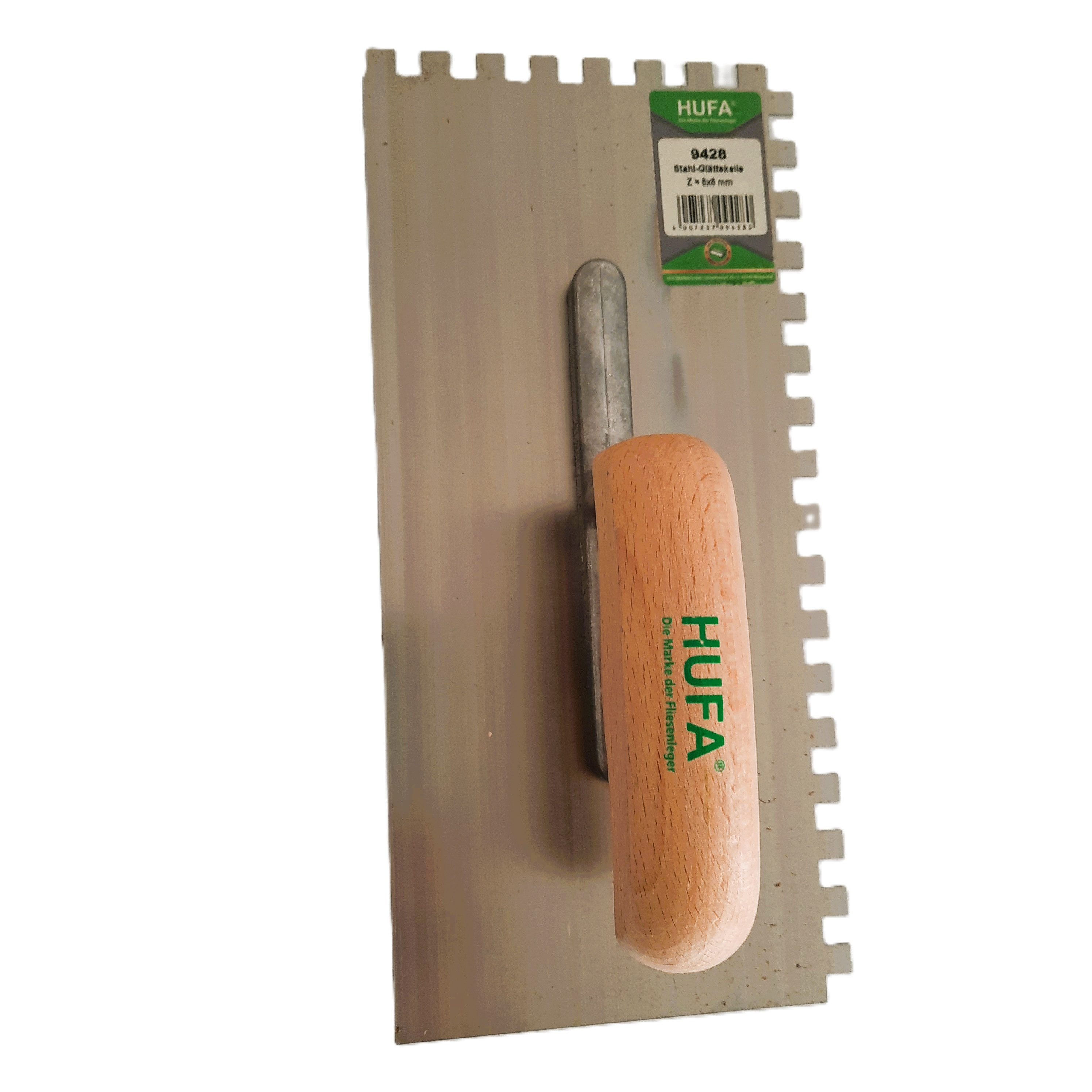 Hufa Zahnkelle Hufa Glättekelle Stahl Holzgriff 280mm x 130mm 8x8mm gezahnt