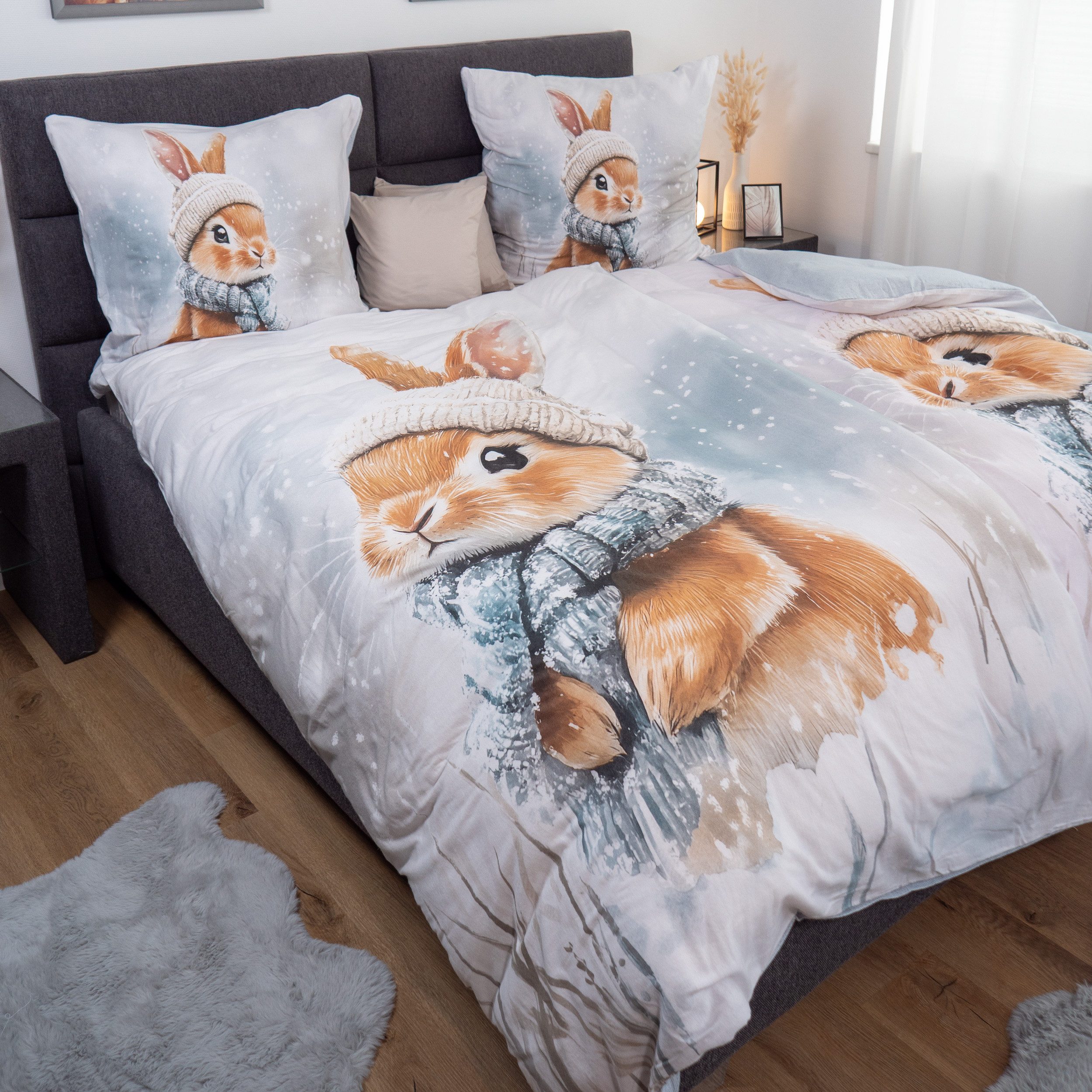 good morning Bettwäsche Comfort Baumwolle, Flanell, 2 teilig, Hase, Winter, Wendebettwäsche – Bild 2 von 5