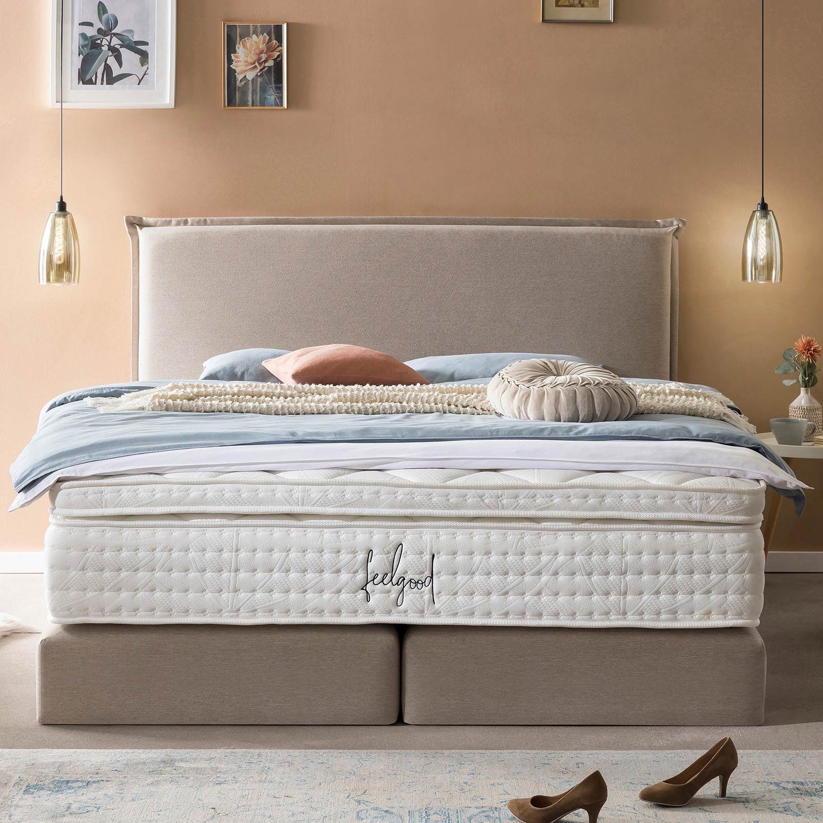 Zeitloses-Design Webstoff, mit x Gleiterfüße optionaler 140 200 Topper, BettCo Boxspringbett Biese (in + London cm), Beige