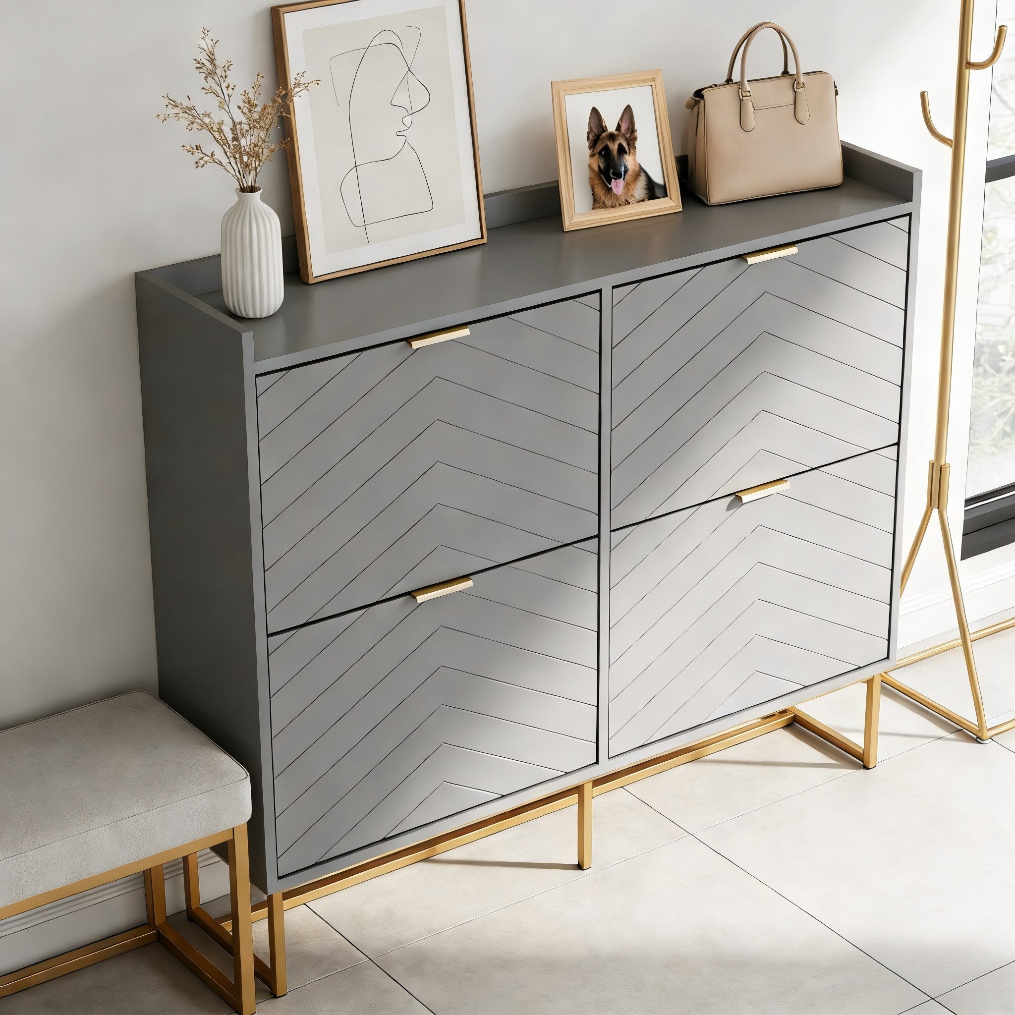UEV Schuhschrank mit 4 Klappen, Schuhkipper Schmal, Schuhregal mit Metallfüße (Packung, Modern Schuhaufbewahrung mit Oberplatte Schuhkommode mit Kippsicherung) trennwände verstellbar und abnehmbar für verschiedene Schuhtypen