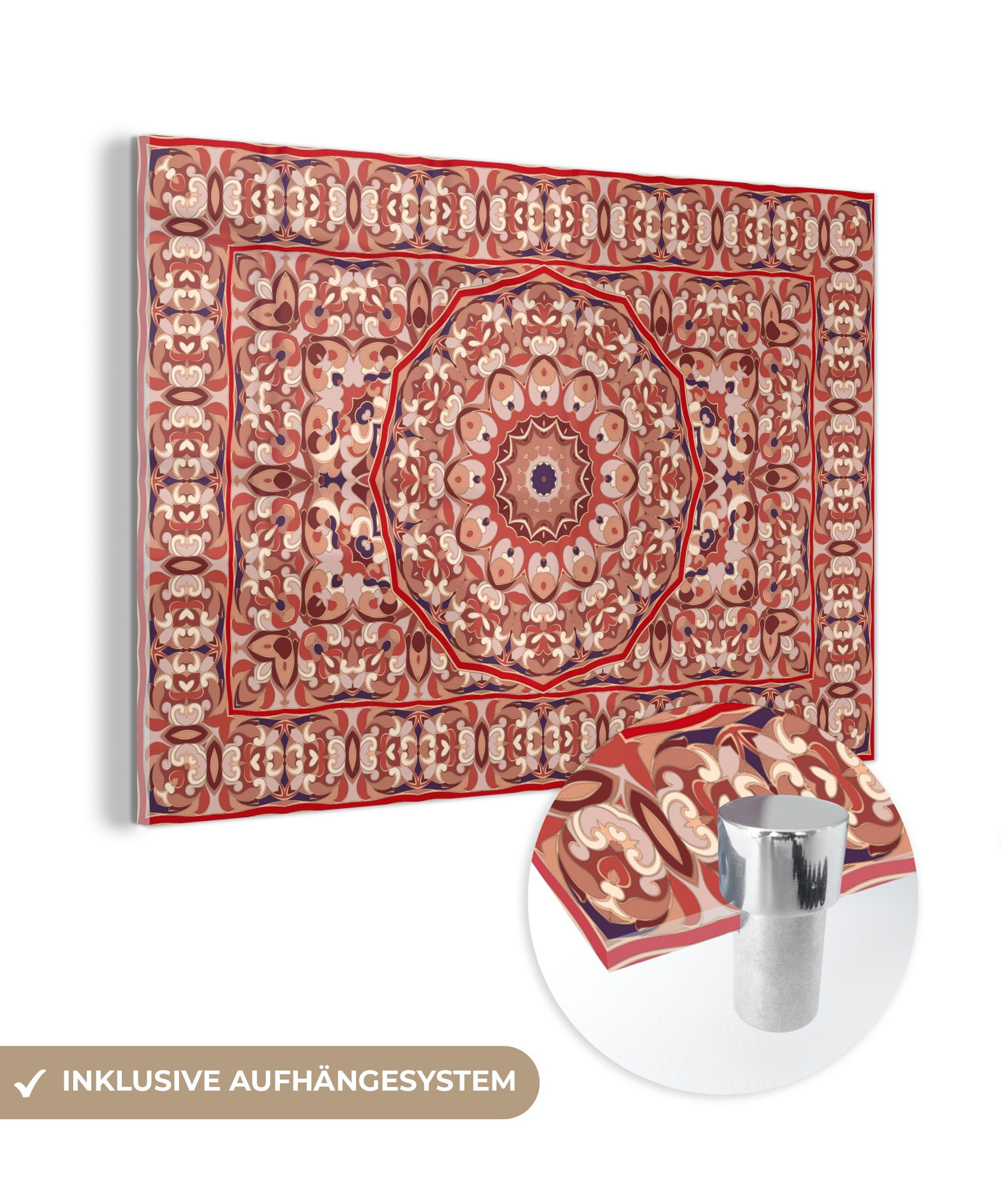 MuchoWow Acrylglasbild Teppich - Mandala - Muster - Rot, (1 St), Acrylglasbilder Wohnzimmer & Schlafzimmer