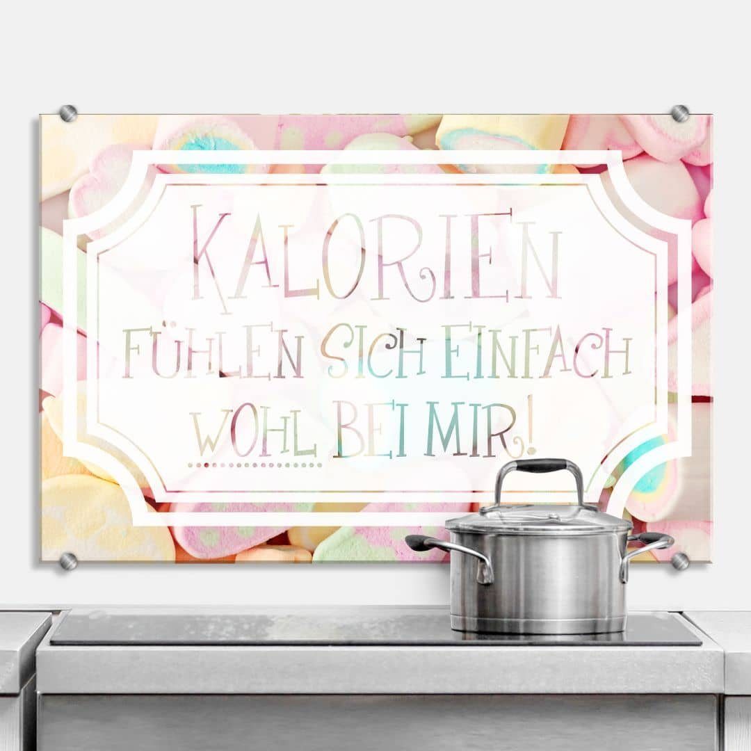 K&L Wall Art Küchenrückwand Küche Schriftzug Wandschutz montagefertig Spritzschutz Glas Bild lustiger Gemälde Kalorien Spruch