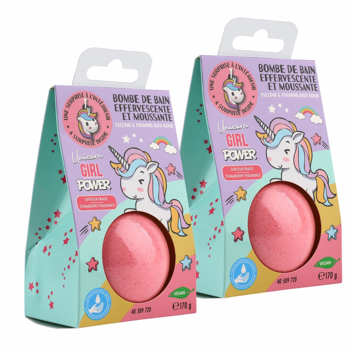 HF Home Flair Badekugel 2x Einhorn Badebombe - große Badekugel mit Überraschung, 2-tlg., rosa Einhorn Badekugel - Erdbeerduft - Vegan- 170g