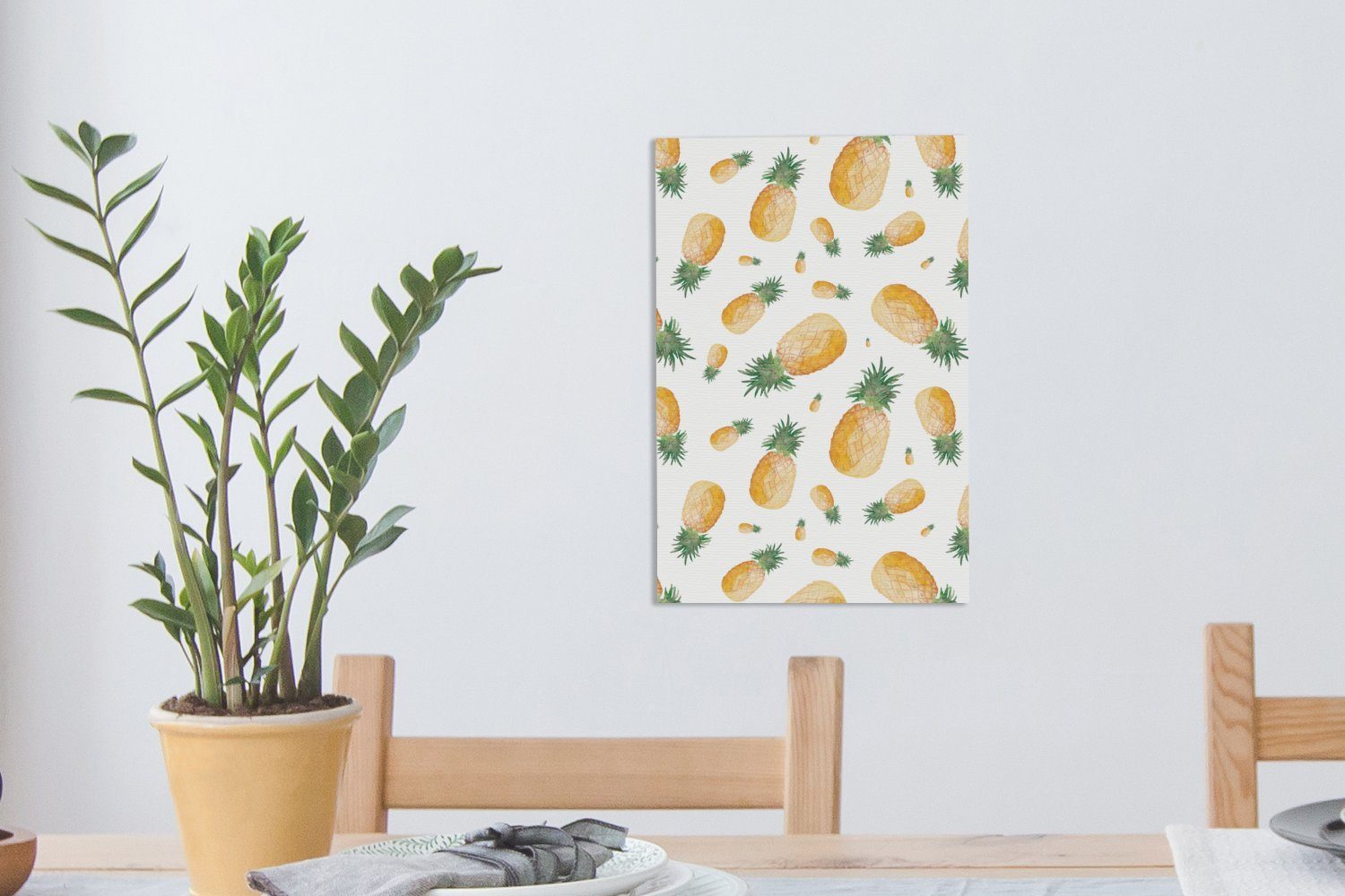 OneMillionCanvasses® Leinwandbild Ananas - St), fertig Muster, - 20x30 bespannt Aquarellfarbe Zackenaufhänger, inkl. cm (1 Leinwandbild Gemälde