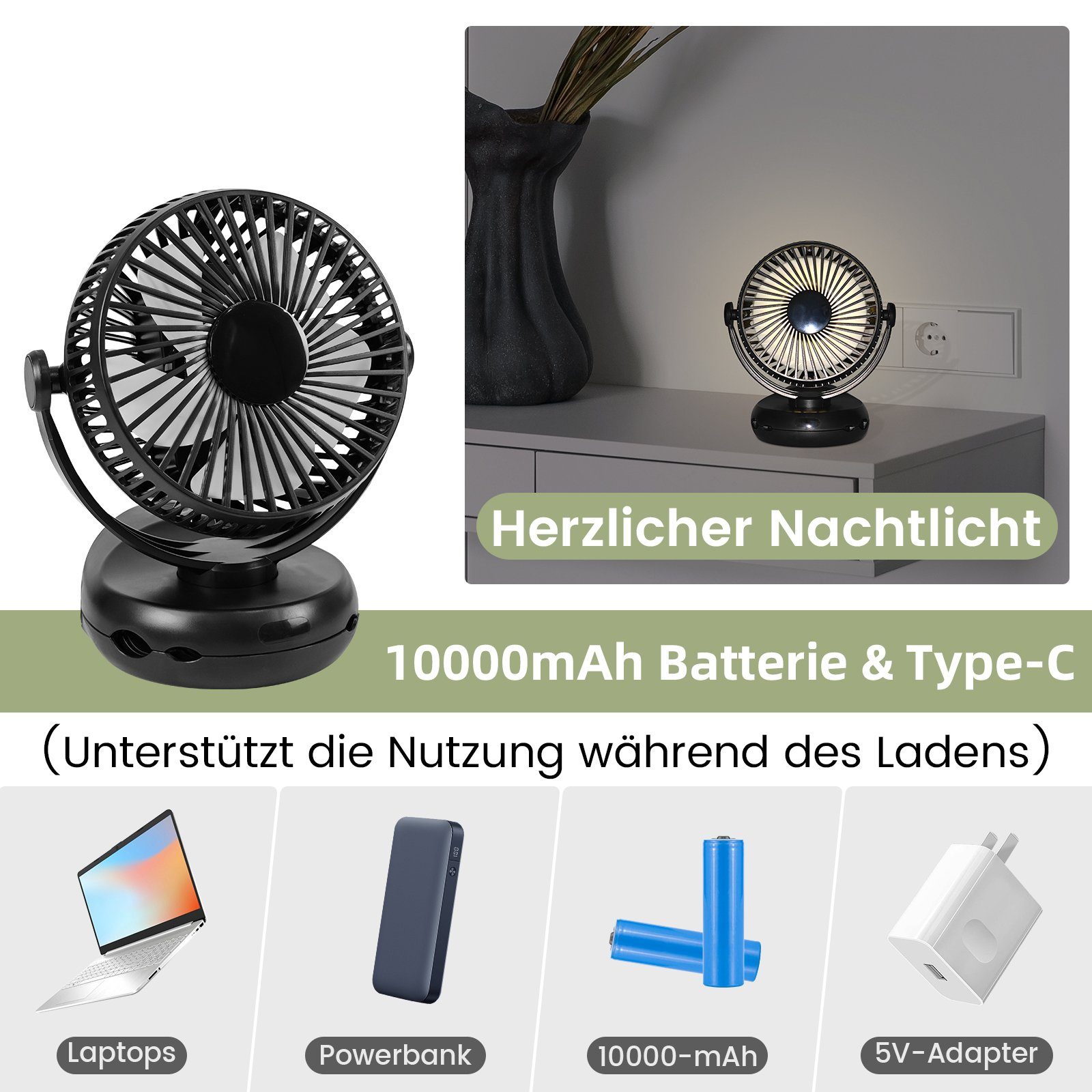 Clip 4 In Nettlife Leise Drehung Akku USB-Ventilator & Geschwindigkeiten 10000mAh LED Licht Mini Schwarz, 3 Fan 360° 1 mit