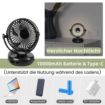 Nettlife Mini USB-Ventilator 4 Geschwindigkeiten Akku Leise Clip Fan 10000mAh & 3 In 1 Schwarz, mit LED Licht 360° Drehung
