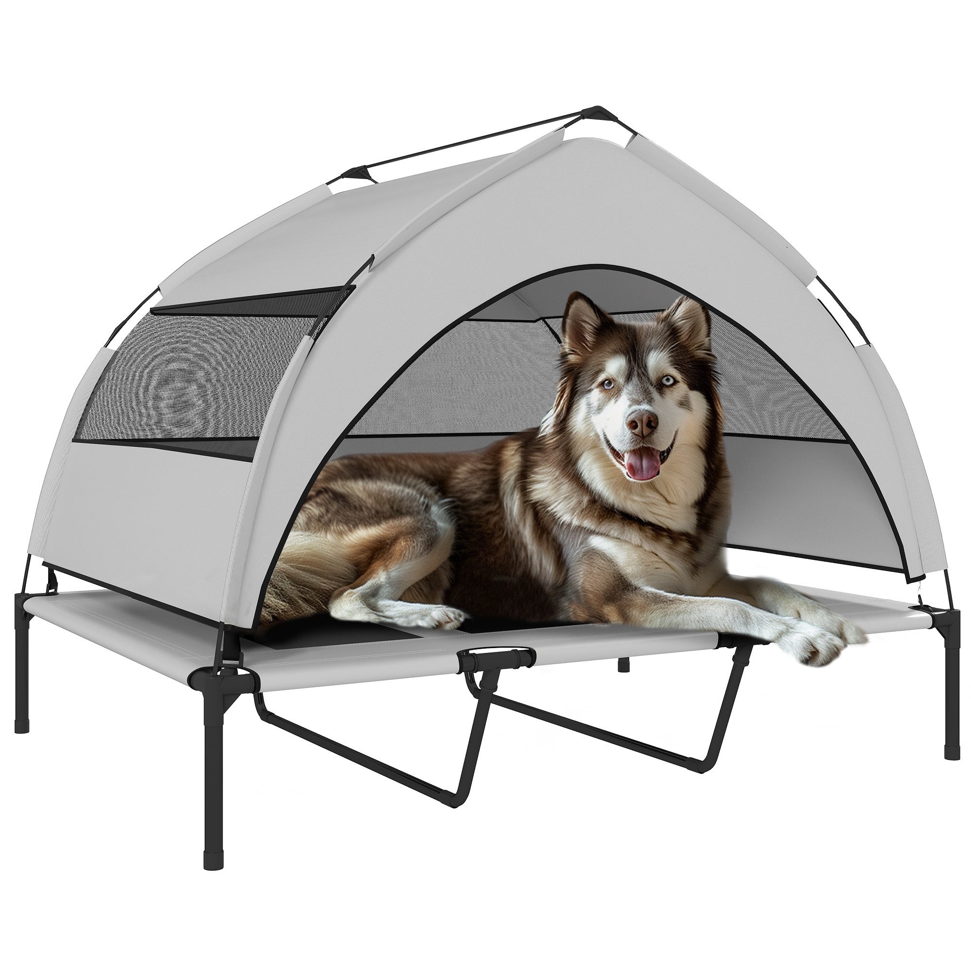 PawHut Tierbett Erhöhtes Hundebett mit Dach, Stahlrahmen, Aufbewahrungstasche, Polyester, für extra große Hunde, 122x92x94cm, Hellgrau