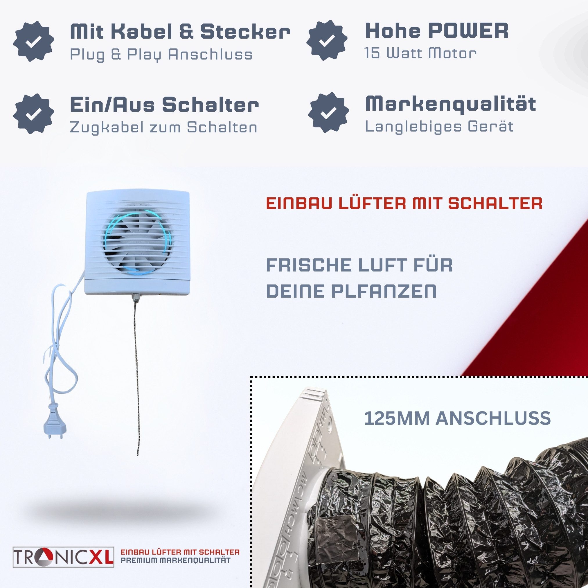 TronicXL Turboventilator IPX4 125mm 150m³/h Abluft Zuluft Grow Lüfter Ventilator für Growbox, 14.7 cm Durchmesser