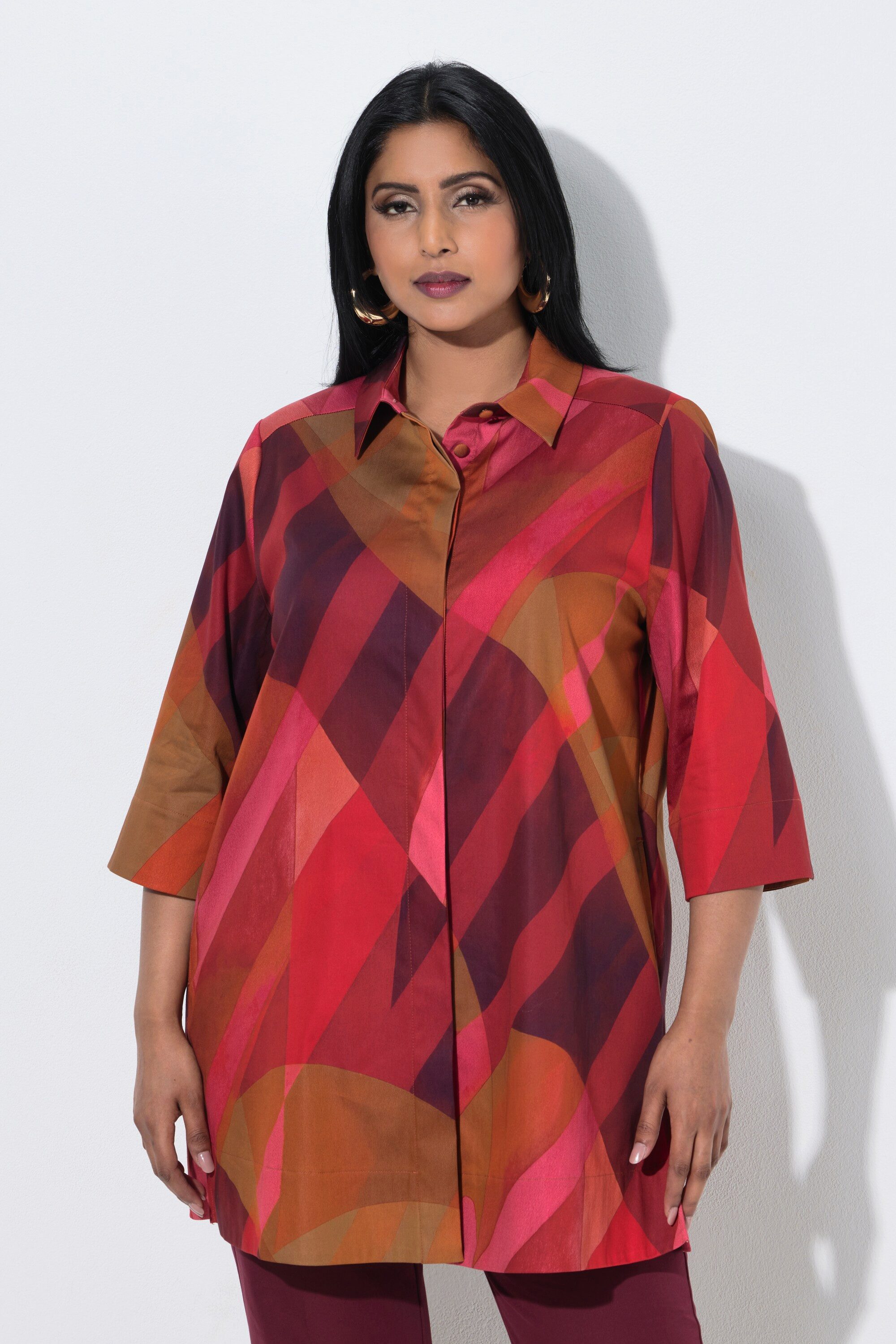 Longbluse Longbluse Streifen A-Linie Hemdkragen 3/4-Arm