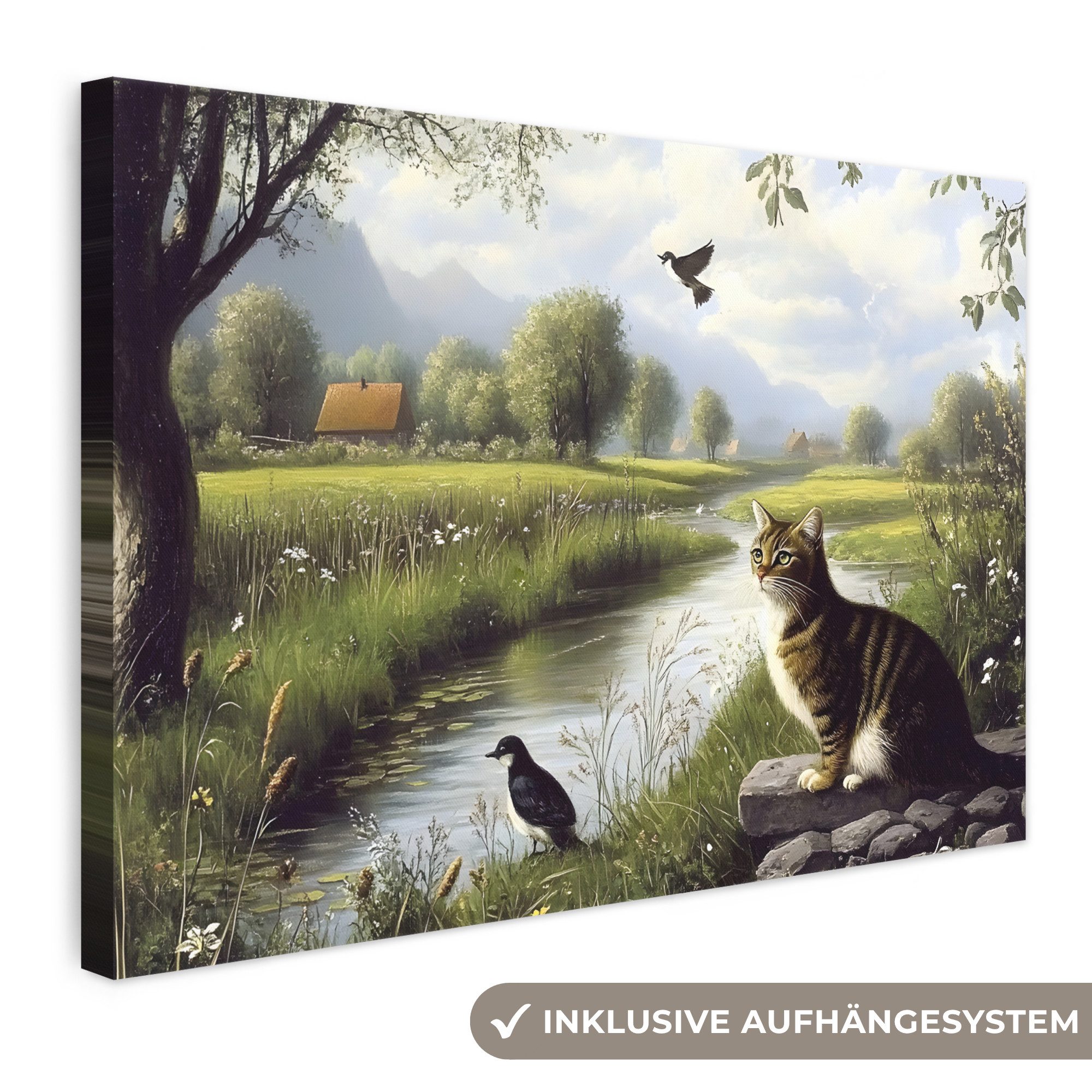 OneMillionCanvasses® Leinwandbild Katze - Bach - Wiese, Fotodruck (1 St), Leinwand Bilder Klein, Wand Dekoration Aesthetic 30x20 cm