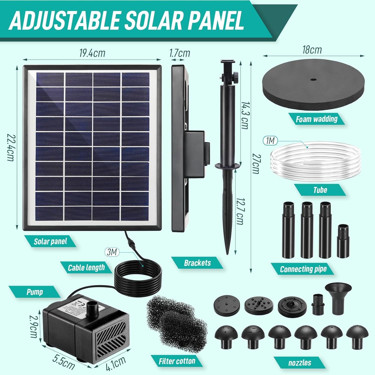 TLGREEN Solarpumpe Solar Teichpumpe 6,5W (Solar Springbrunnen Außen mit Filter & 9 Düsen, Solarbetriebene Wasserpumpe für Kleinen Teich, Vogelbad), 3,25M Kabellänge, DIY Brunnen