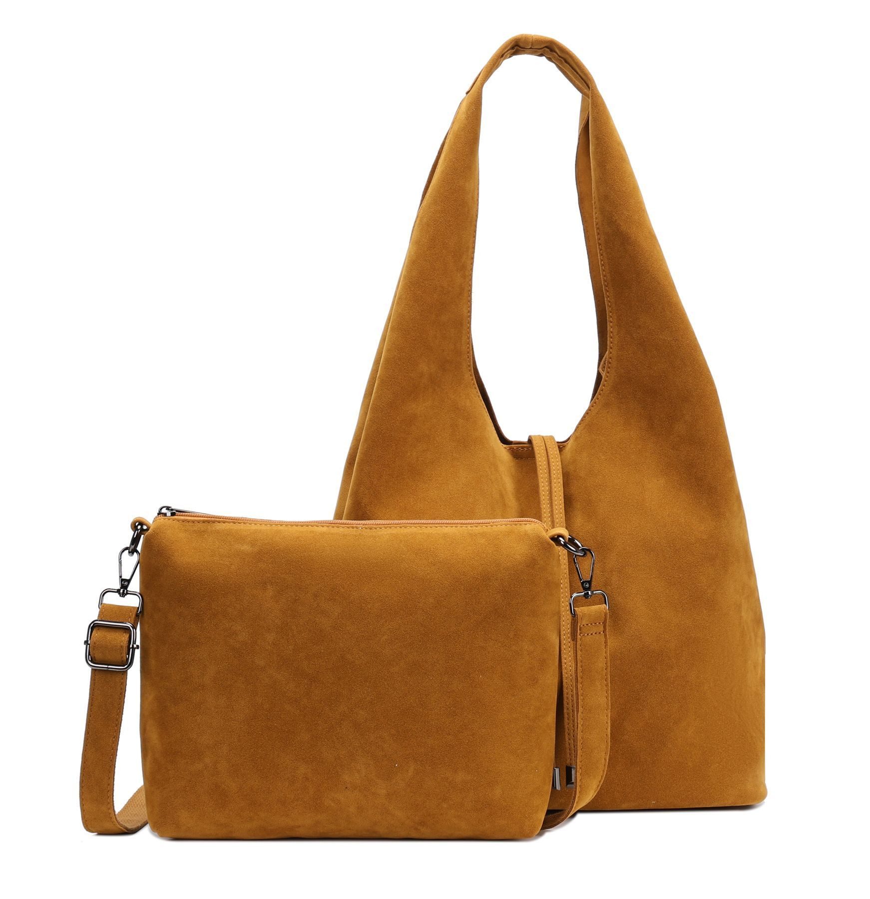 ITALYSHOP24 Schultertasche Damen Tasche Set 2in1 Shopper Hobo Bag Handtasche Crossbody Velours (Spar-Set 2 in1 Hobo + Crossbody Bag / Schmucktasche, Leichtgewicht, Wildleder Optik), Umhängetasche Workbag Body Bag Beuteltasche Freizeit Wildleder Optik