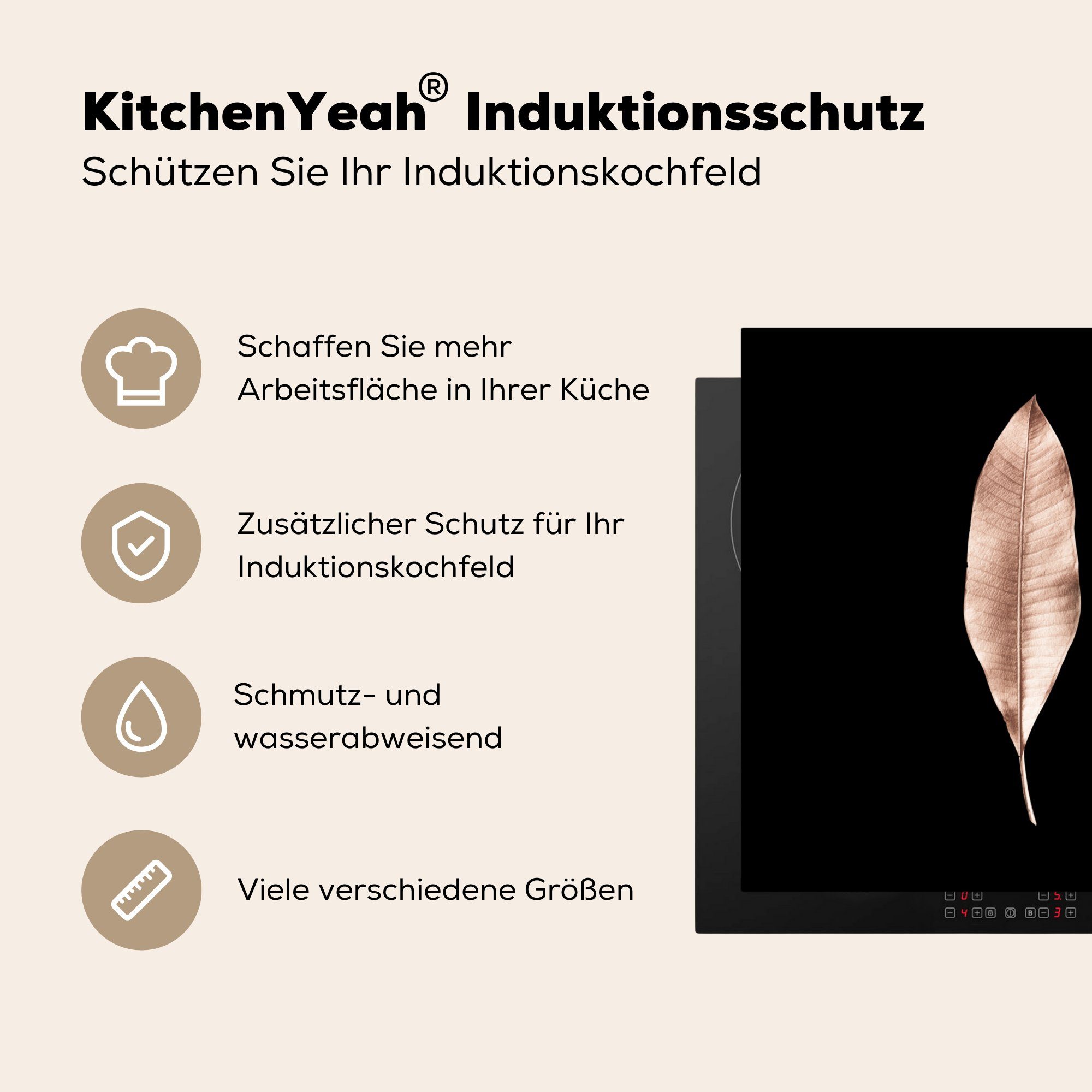 cm, - tlg), 78x78 Herdblende-/Abdeckplatte Rosa, küche (1 Ceranfeldabdeckung, Gold für Arbeitsplatte Vinyl, - Blatt MuchoWow