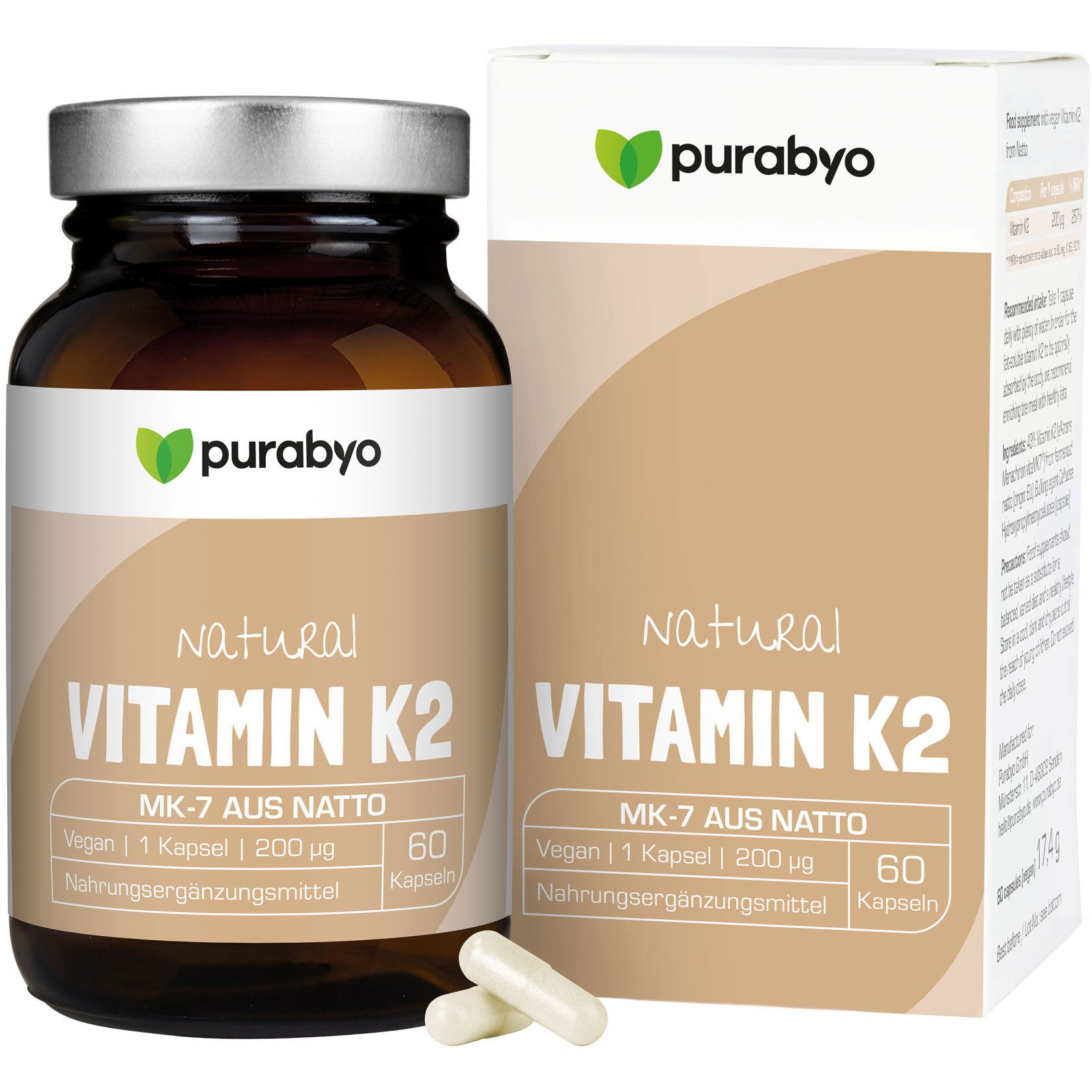 Purabyo Vitamin K2 Kapseln, 200 mcg MK-7, Glas statt Plastik Kapseln, 17.4 g