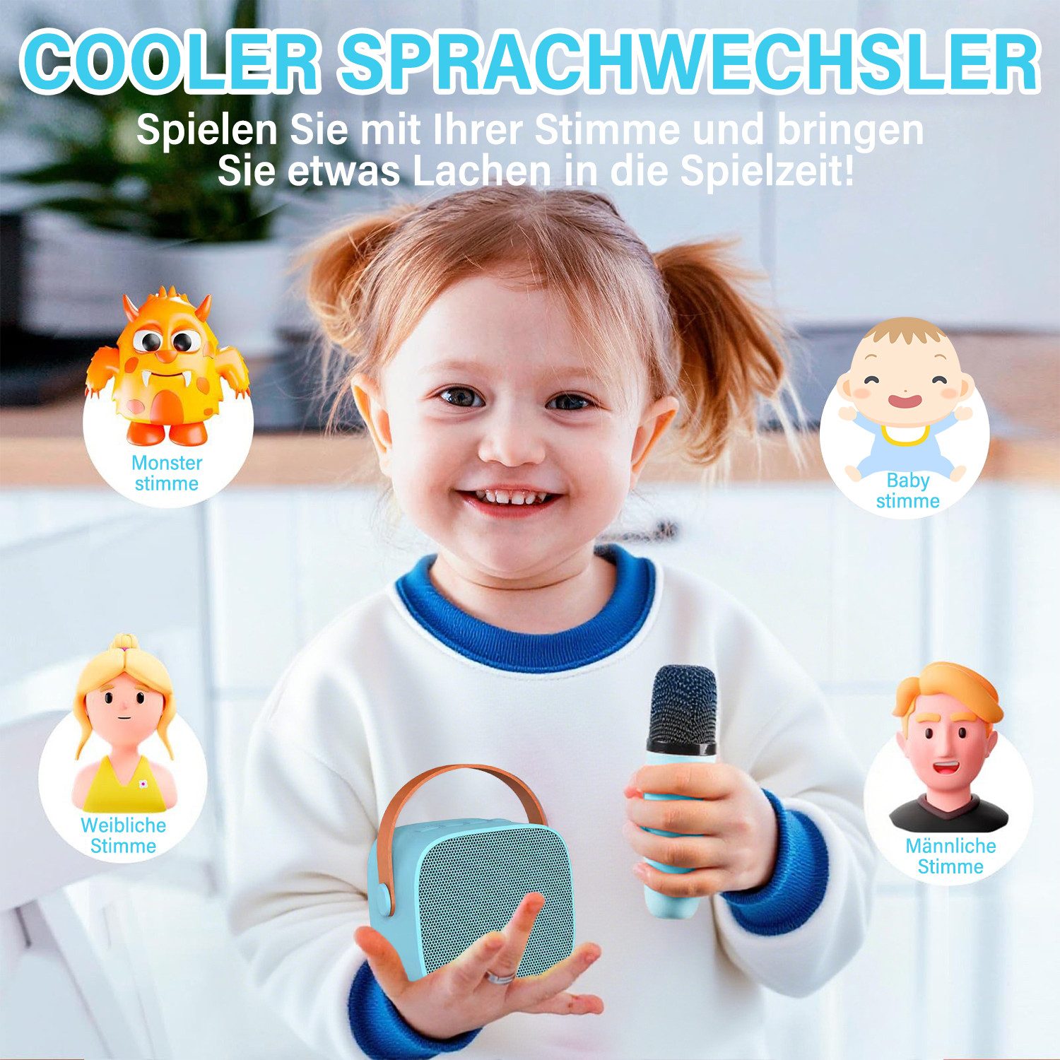 MOPUEA Mini Karaoke Maschine mit 2 Mikrofonen Karaoke-Anlage 5 Stimmenmodi Bluetooth-Lautsprecher 360°-Stereo-Surround-Sound, HiFi-Audiotechnologie (Bluetooth-V – Bild 5 von 5