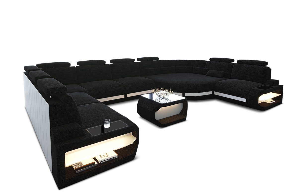 Sofa Dreams Wohnlandschaft Stoff Couch Sitzefläche, Sofa große LED, U Stoffsofa USB, Designersofa Ecke Polster Asti, Form mit