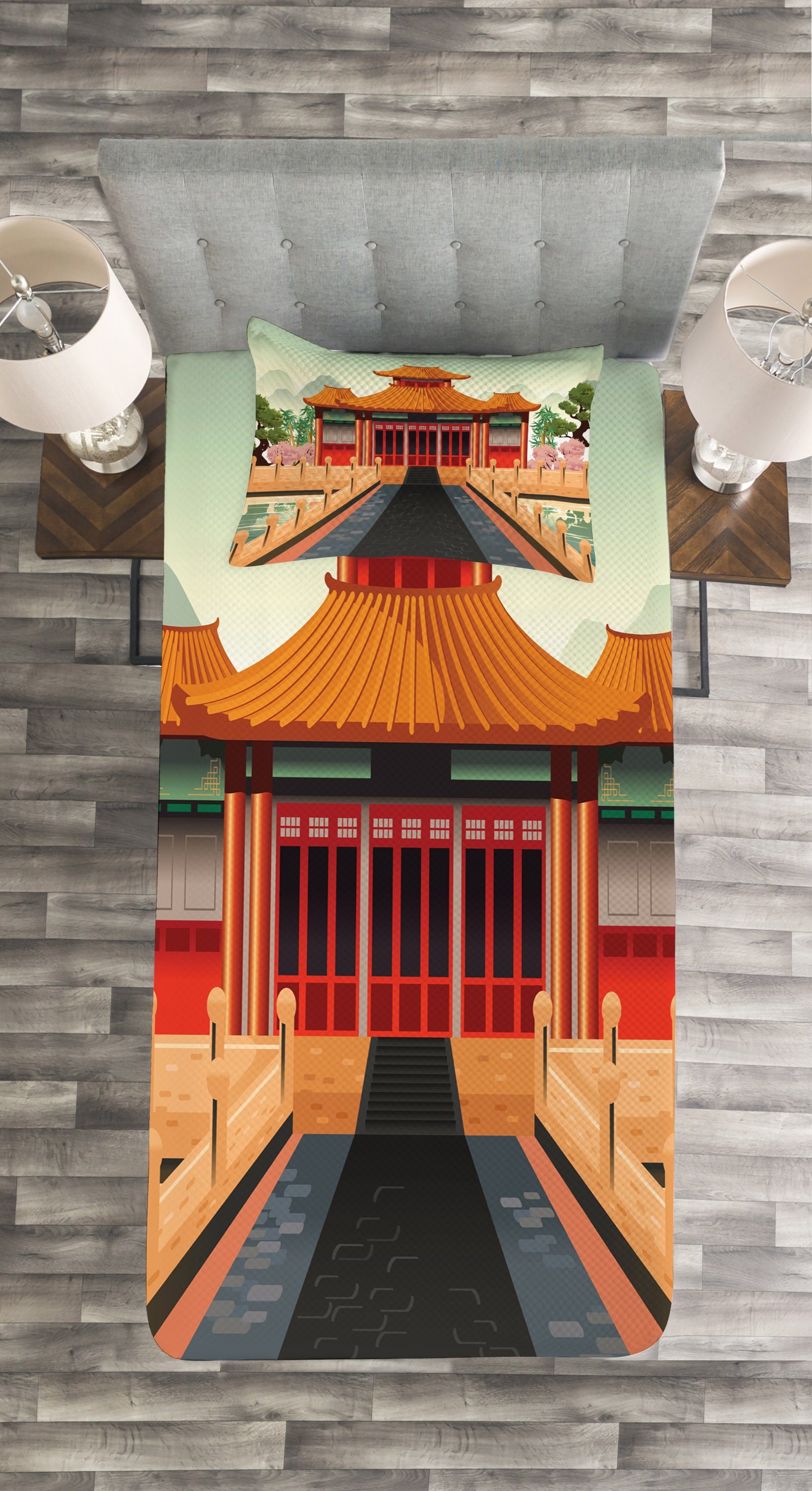 Waschbar, Tagesdecke Chinesisches Kissenbezügen Abakuhaus, Set China Antikes Asien Gebäude mit