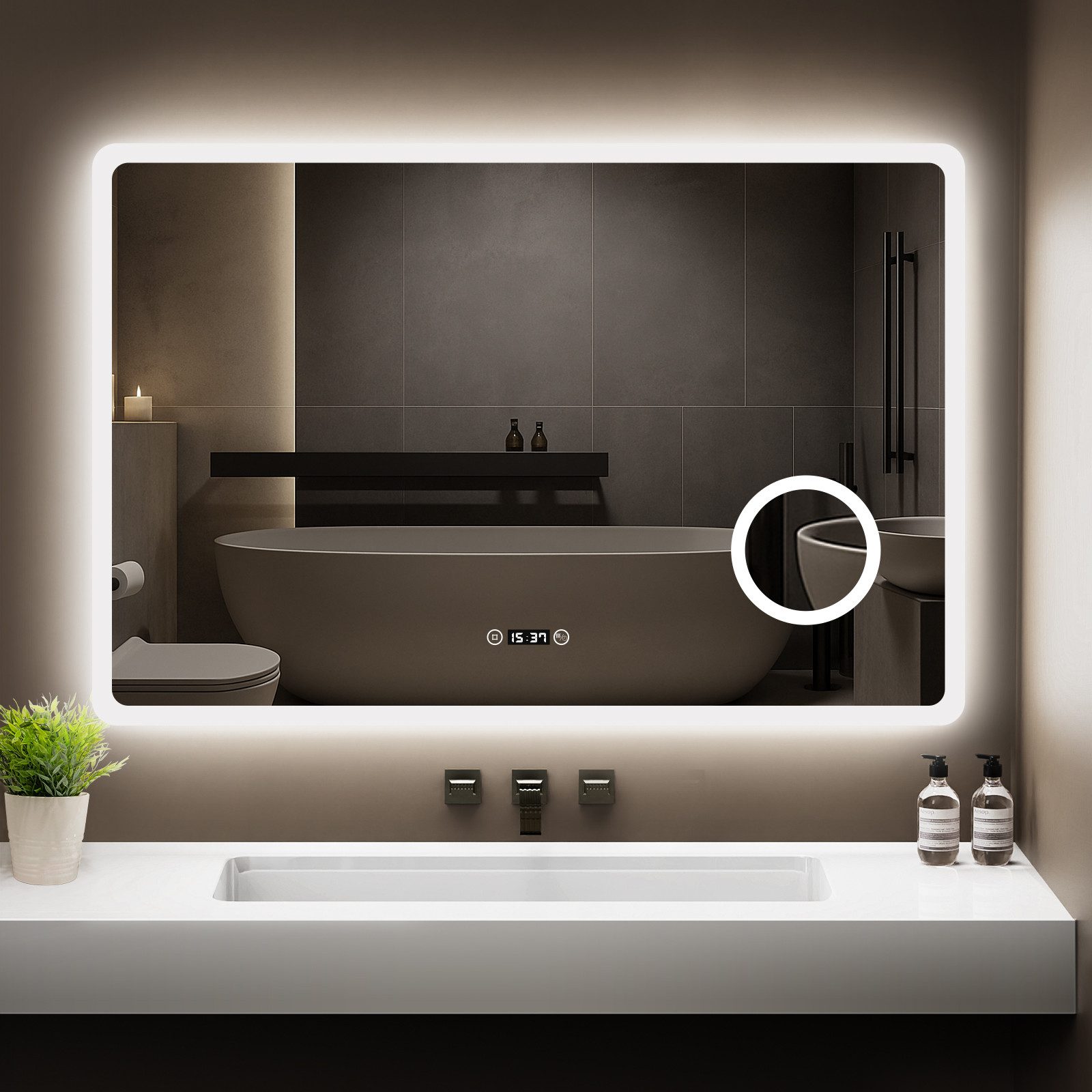 GIMBELEN Badspiegel mit LED-Beleuchtung, Badezimmerspiegel 100x60 cm, dimmbar (1-St), 3-facher Vergrößerung, Anti-Beschlag, Speicherfunktion, IP44