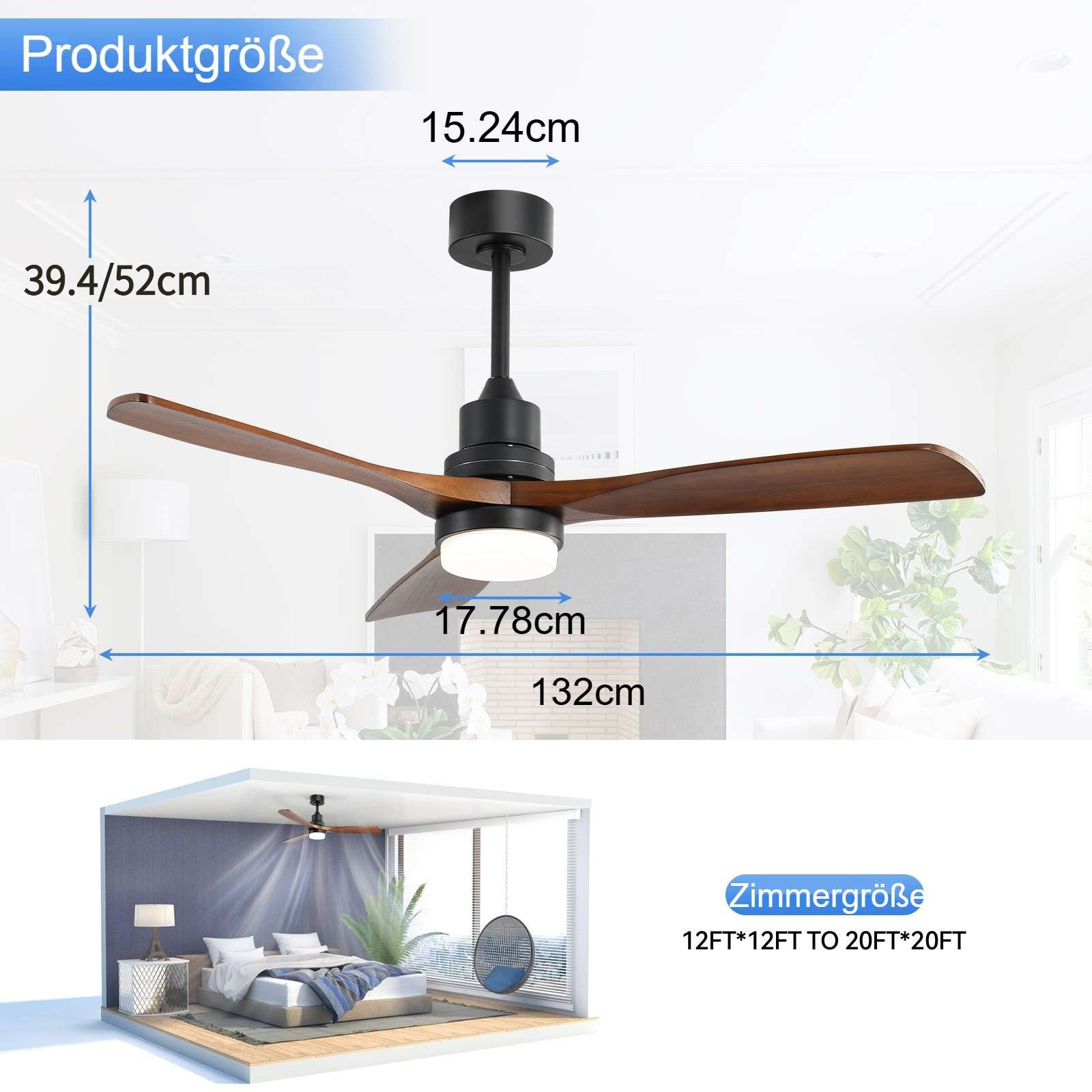 Sofucor Deckenventilator mit LED-Beleuchtunfg und Fernbedienung, 132 cm, 3 Massivholz-Flügel