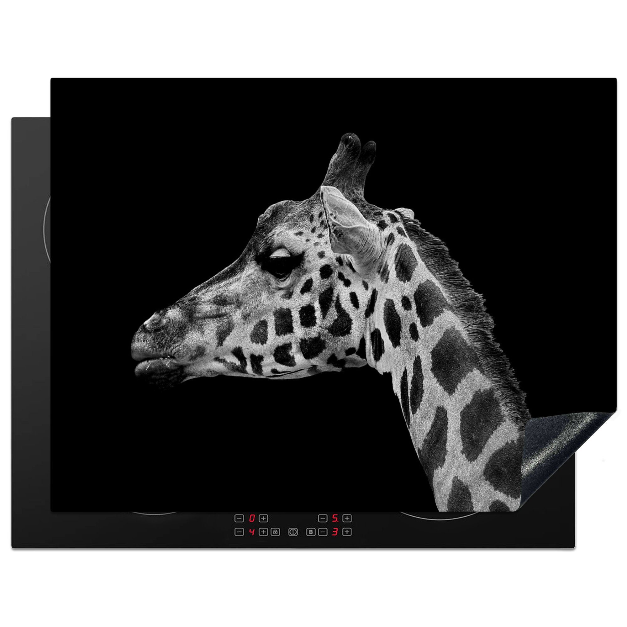 Weiß, Herdblende-/Abdeckplatte Arbeitsplatte Tiere Schwarz 77x59 - für küche Vinyl, tlg), Ceranfeldabdeckung, - - (1 MuchoWow Giraffe cm,