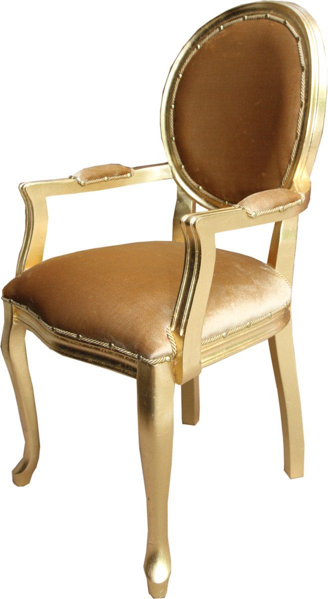 Casa Padrino Esszimmerstuhl Samtstoff mit / Esszimmer Stuhl Gold Gold Medaillon Luxus Barock Armlehnen