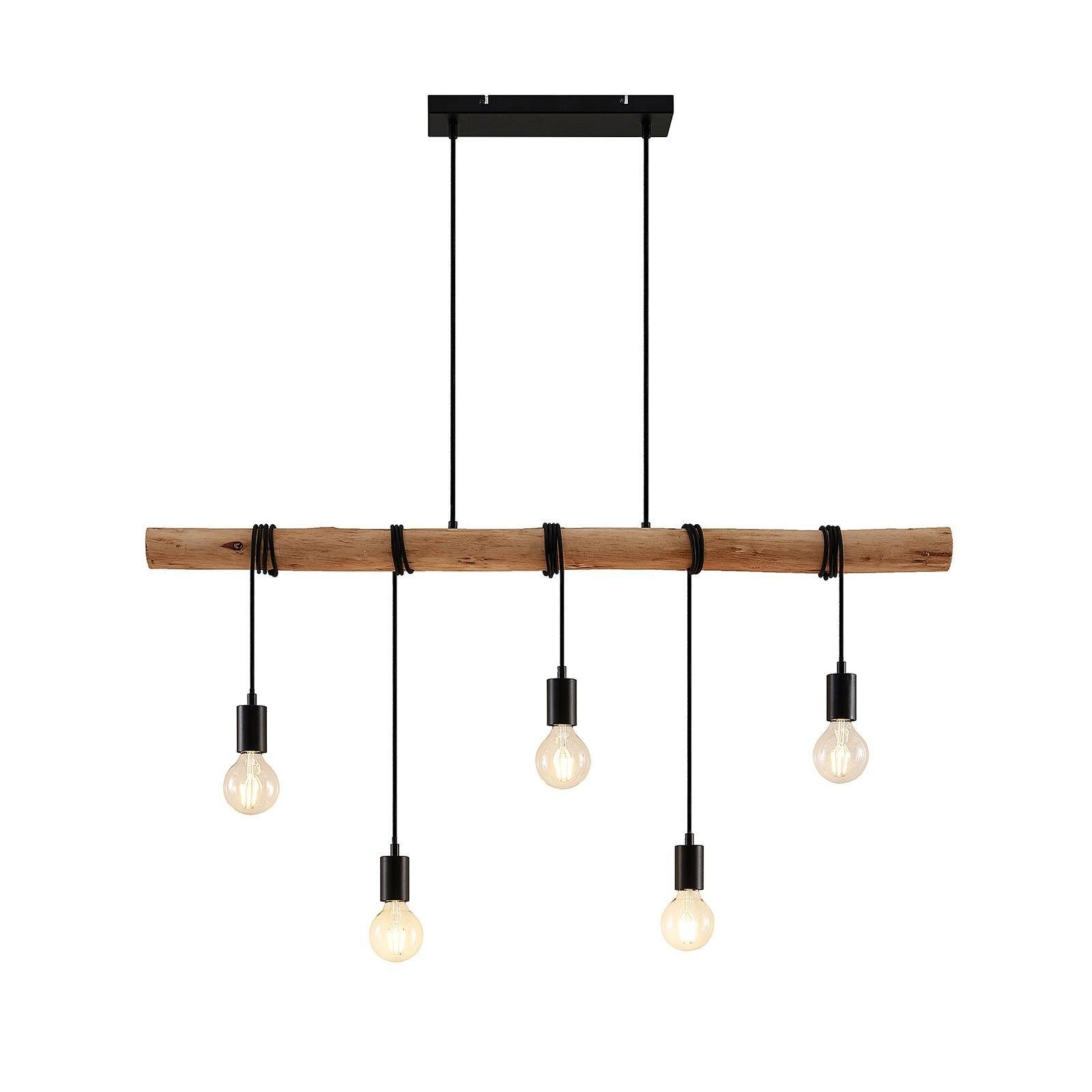 Lindby Hängeleuchte Rom, dimmbar, Leuchtmittel nicht inklusive, Vintage, Eisen, Holz, Seil, Schwarz matt, holz hell, 5 flammig, E27