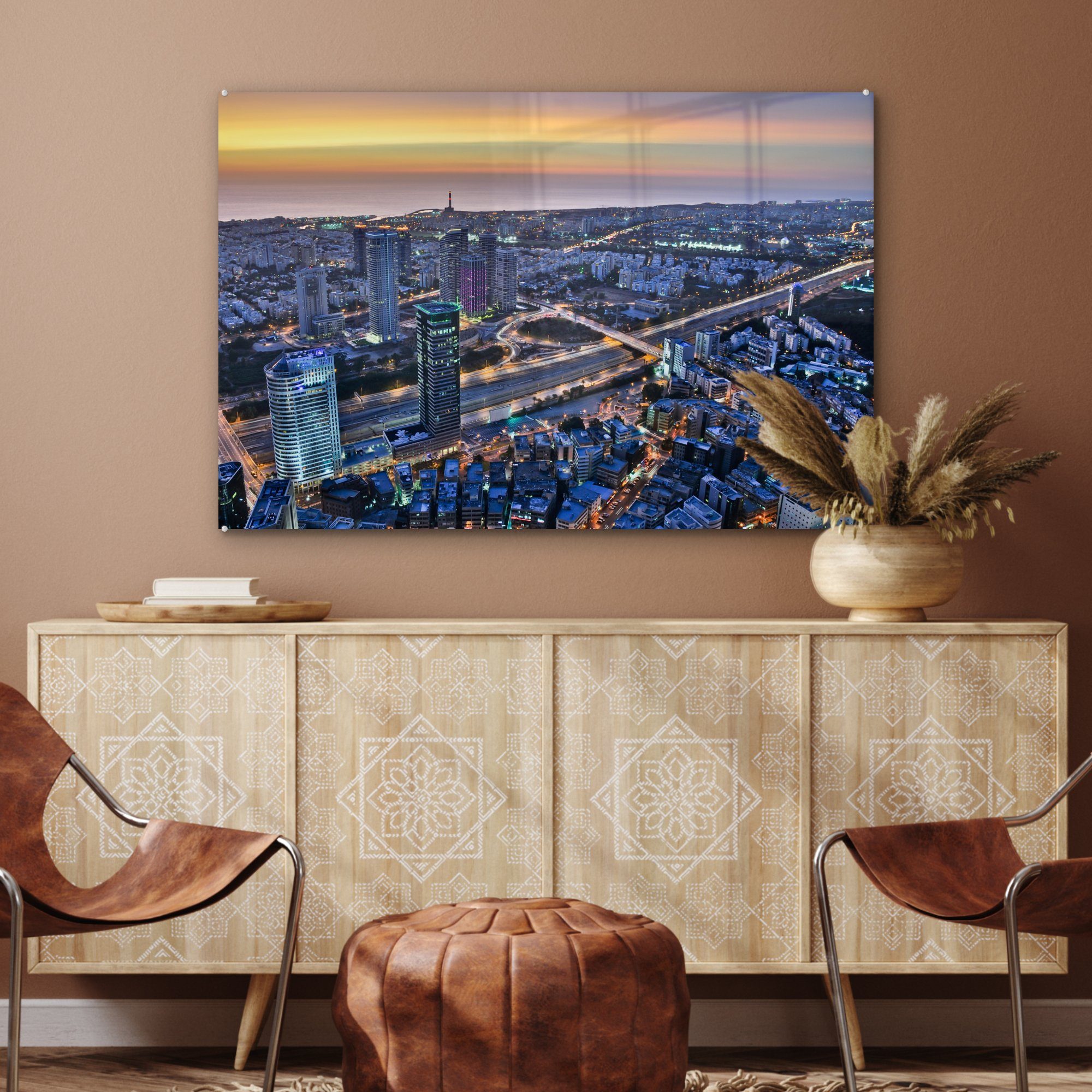 Sonnenuntergang, Acrylglasbilder MuchoWow Aviv St), Wohnzimmer Schlafzimmer Tel & bei (1 Acrylglasbild