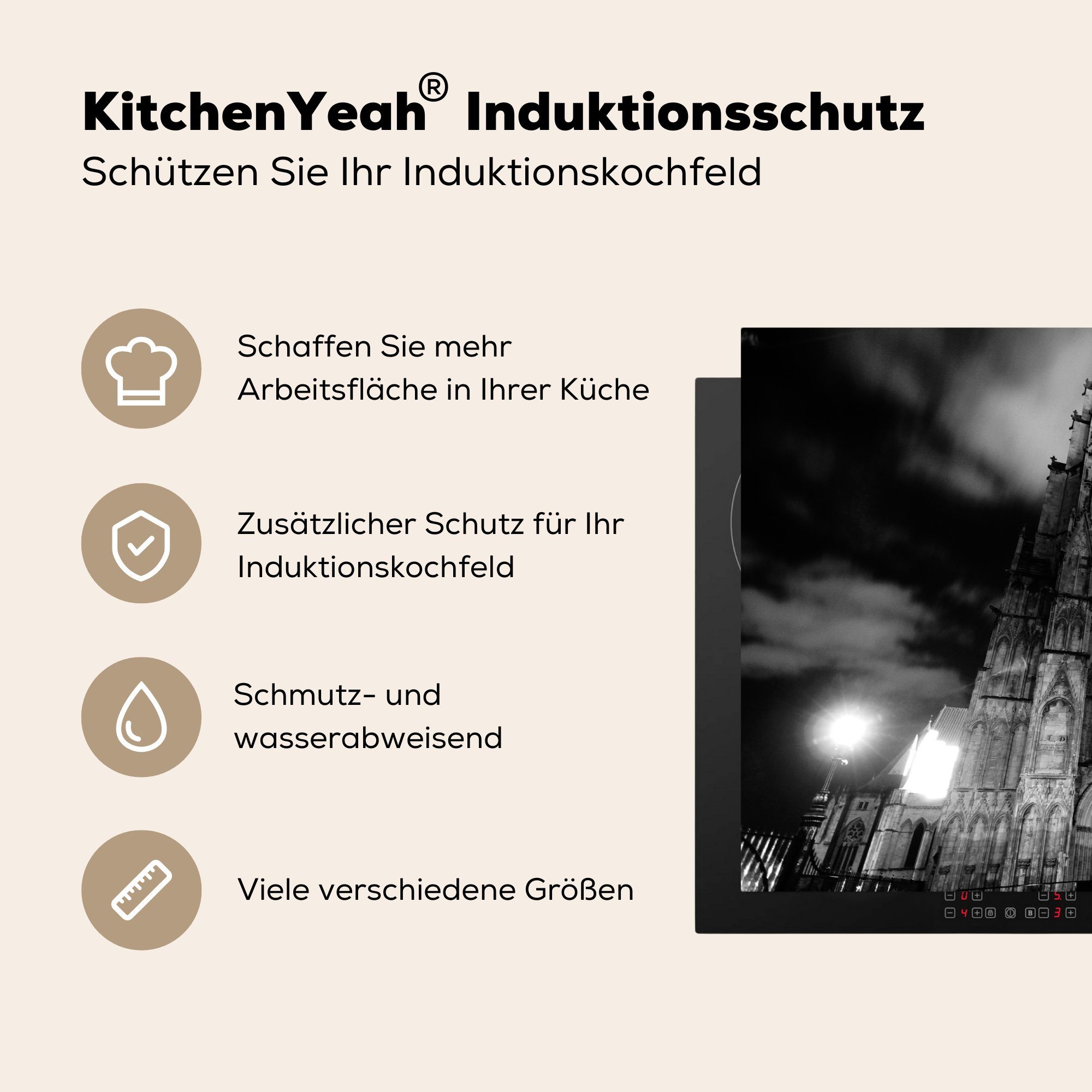 von für der Minster, Herdblende-/Abdeckplatte York Induktionskochfeld Schwarz-Weiß-Bild Vinyl, küche, Kathedrale cm, Ceranfeldabdeckung 81x52 tlg), MuchoWow Schutz (1 die