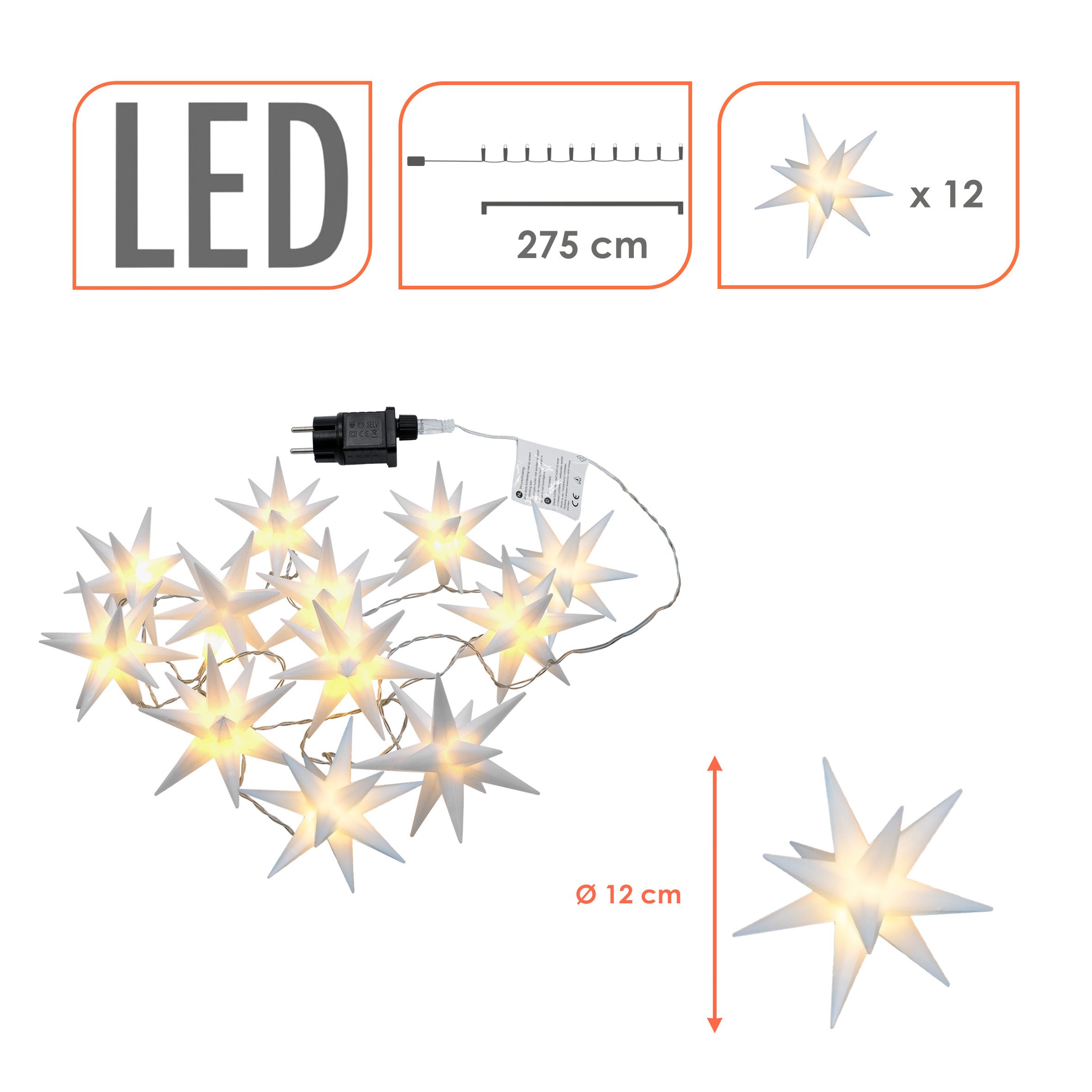 Spetebo LED-Girlande 3D Stern Lichterkette mit 12 LED Sternen (12 cm), 12-flammig, Lichterkette mit 12 beleuchteten Sternen